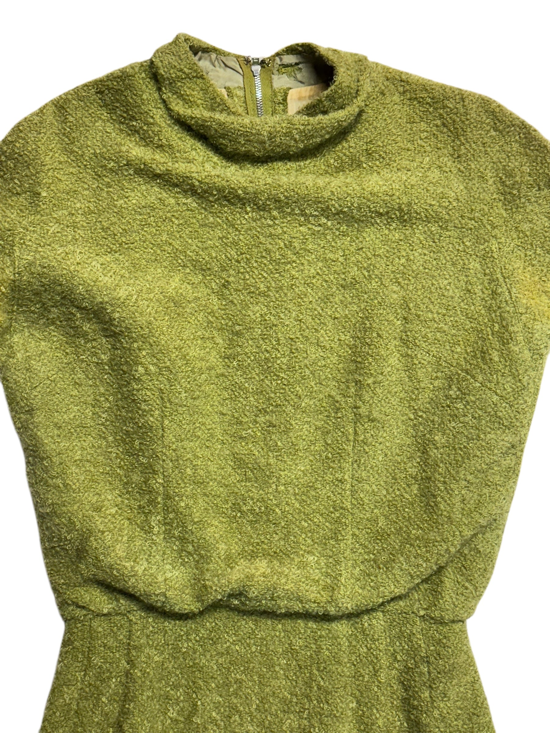 Front top view of 1960s Pea Green Loopy Boucle Dress S