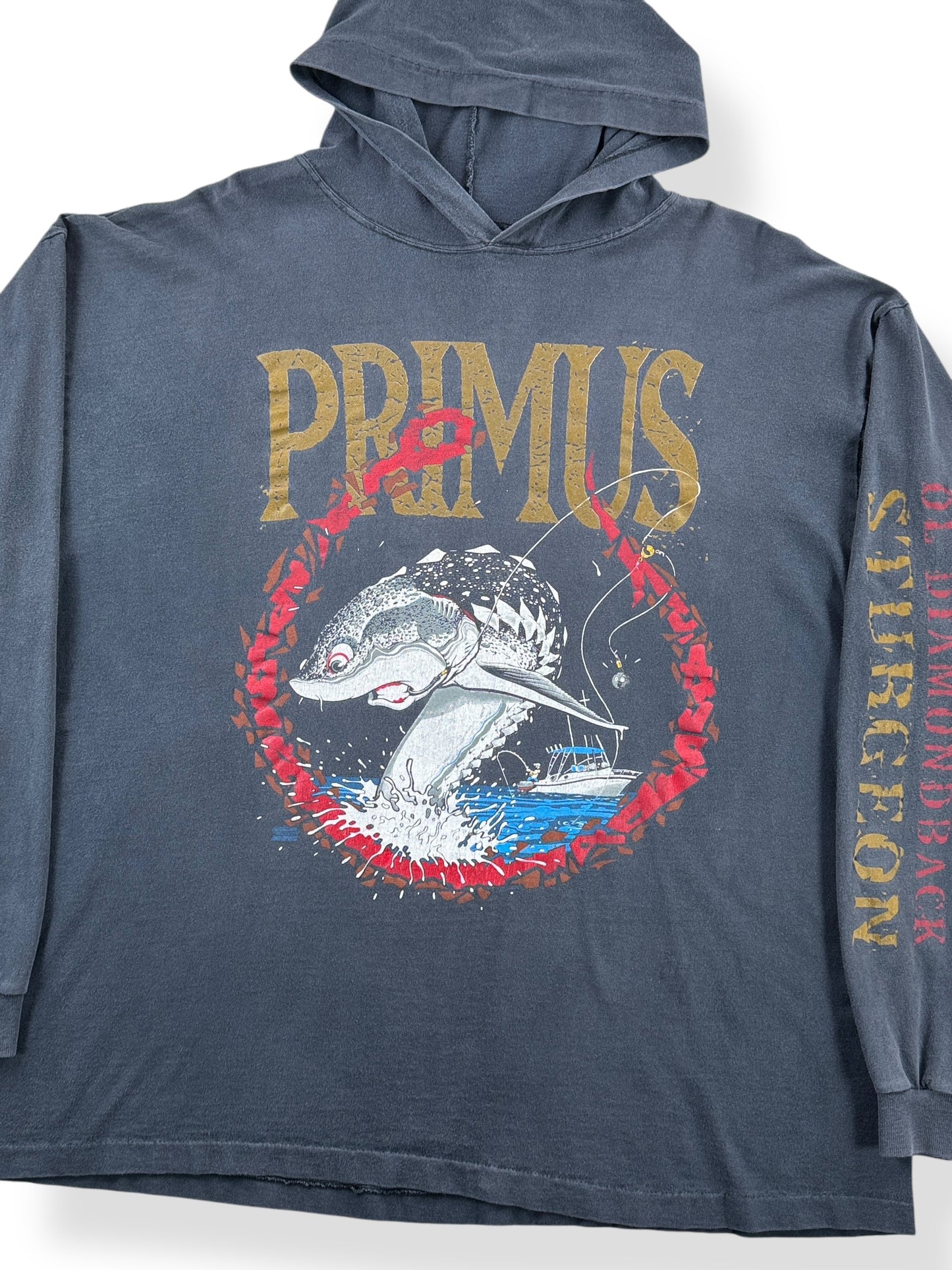 Front Close Up of Vintage Primus Ol' Diamondback Sturgeon Hooded Long Sleeve Tee SZ XL