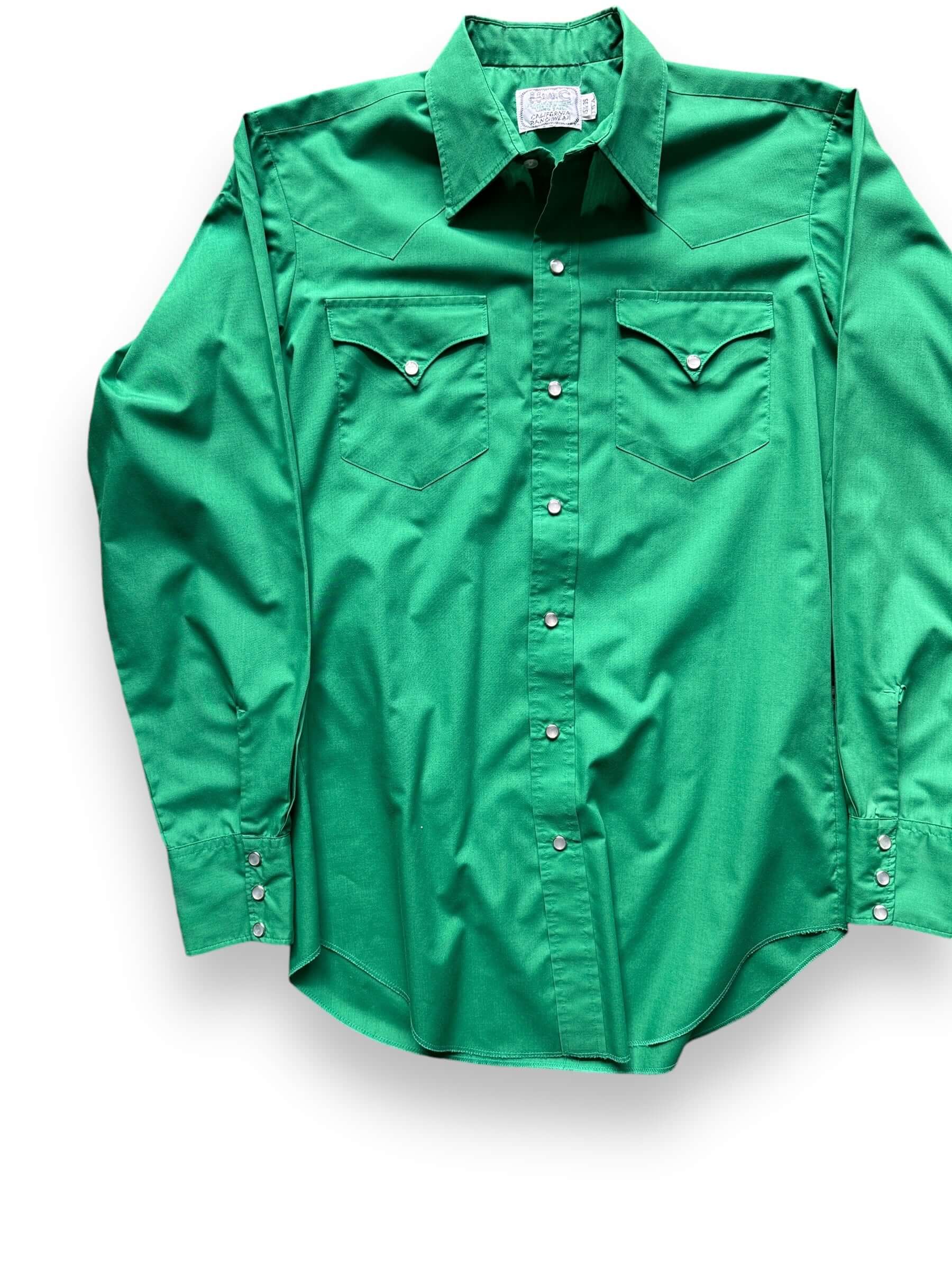 Front Right View of Vintage “H Bar C” Green Pearl Snap Western Shirt SZ 15 1/2