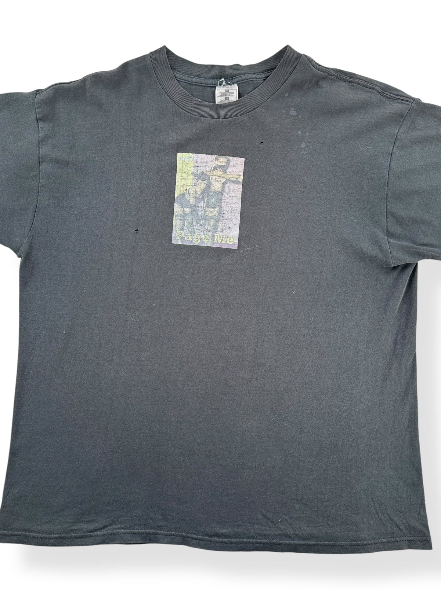 Front Close Up of Vintage NC17 Page Me Bondage Tee SZ XL