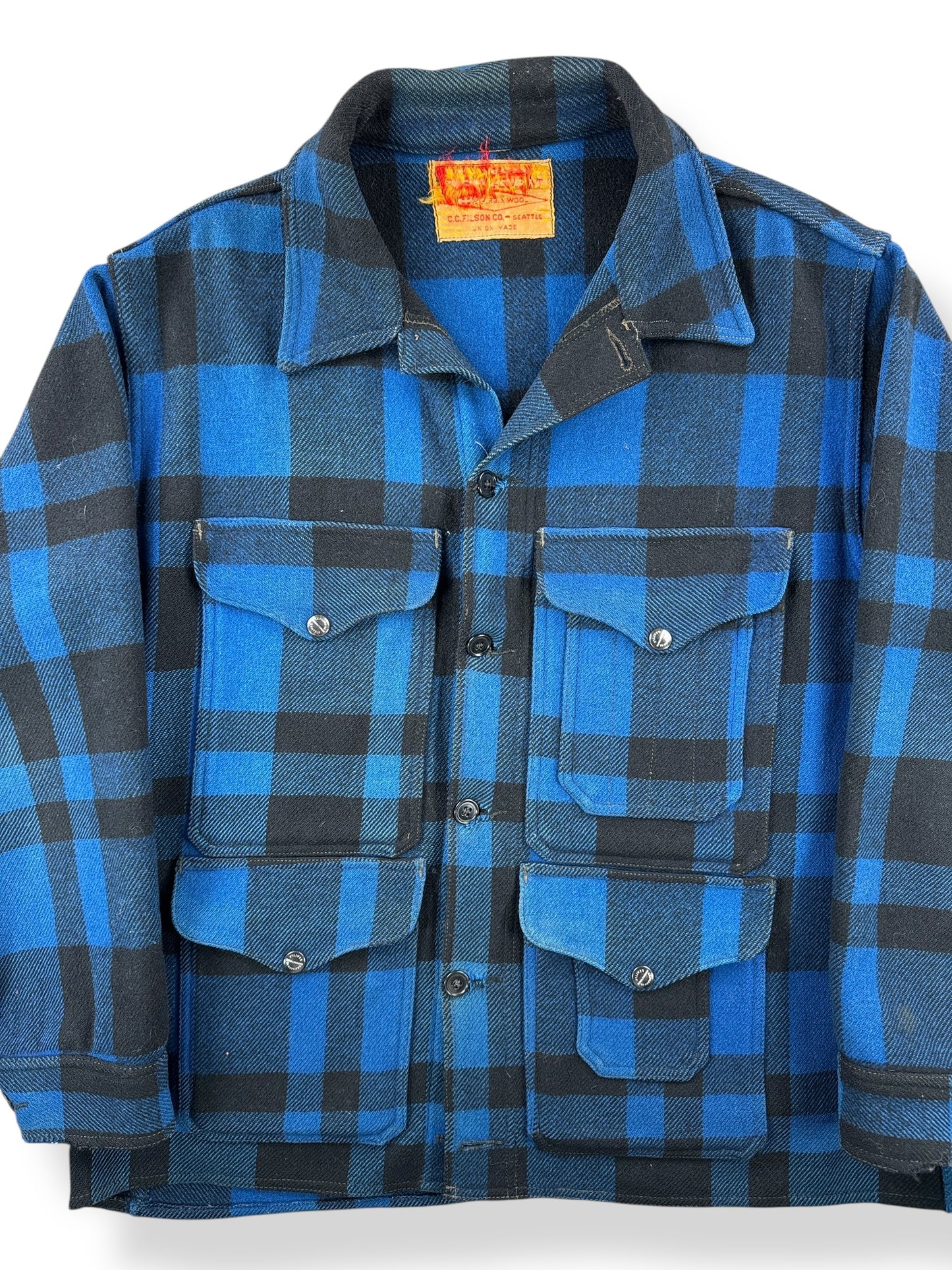 Front Close Up of Vintage Union Made Filson Cobalt and Black Mackinaw Cruiser SZ XL