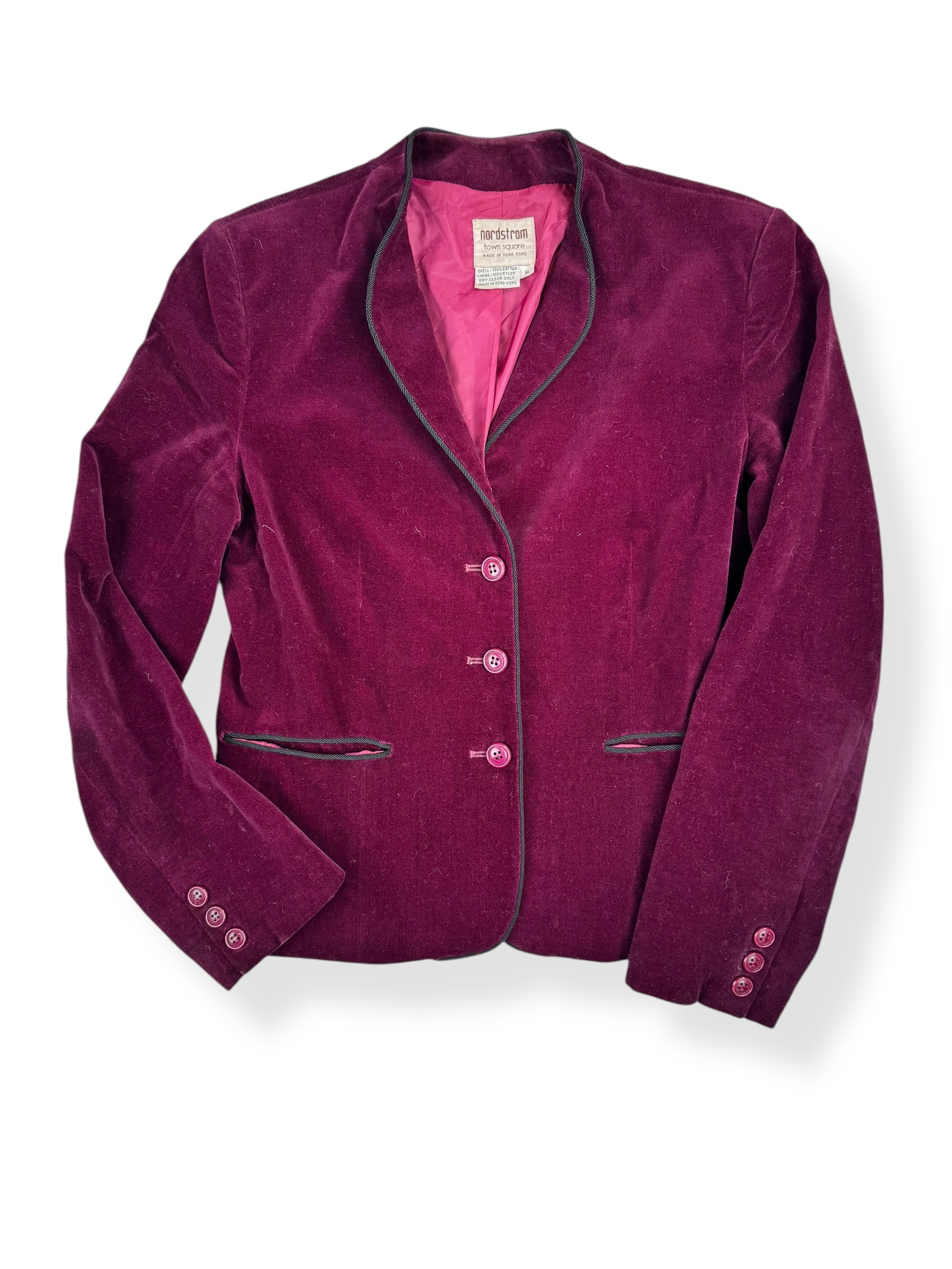 Front view of 1980s Burgundy Velvet Nordstrom Blazer M