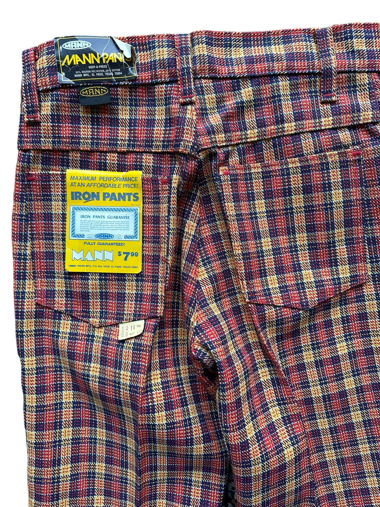 Back pocket view of Vintage Deadstock Plaid Mann Pants 26x28 | Vintage Deadstock Trousers | Barn Owl Seattle Vintage