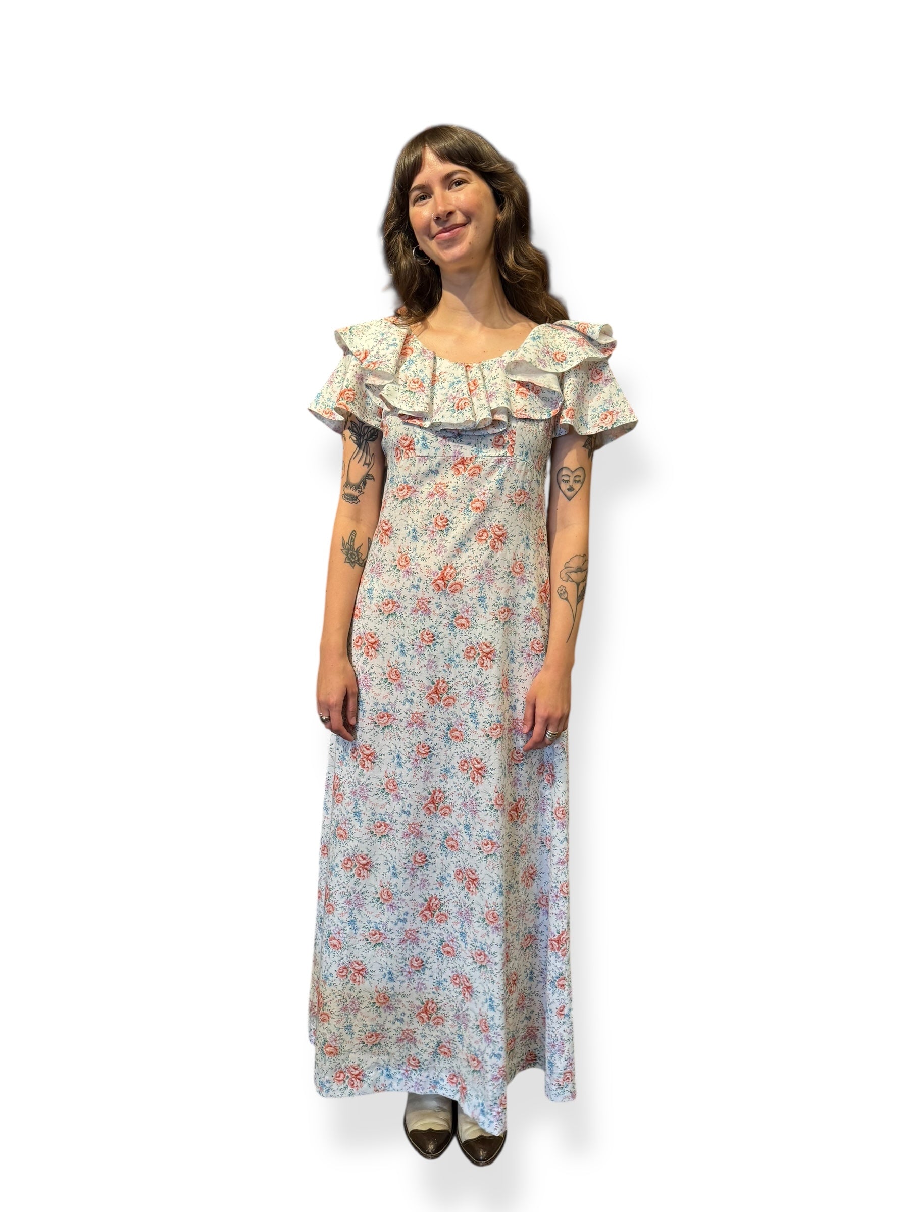 Front view of 1970s Floral Ruffle Maxi Dress S
