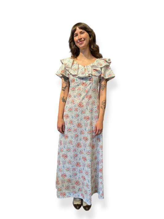 Front view of 1970s Floral Ruffle Maxi Dress S