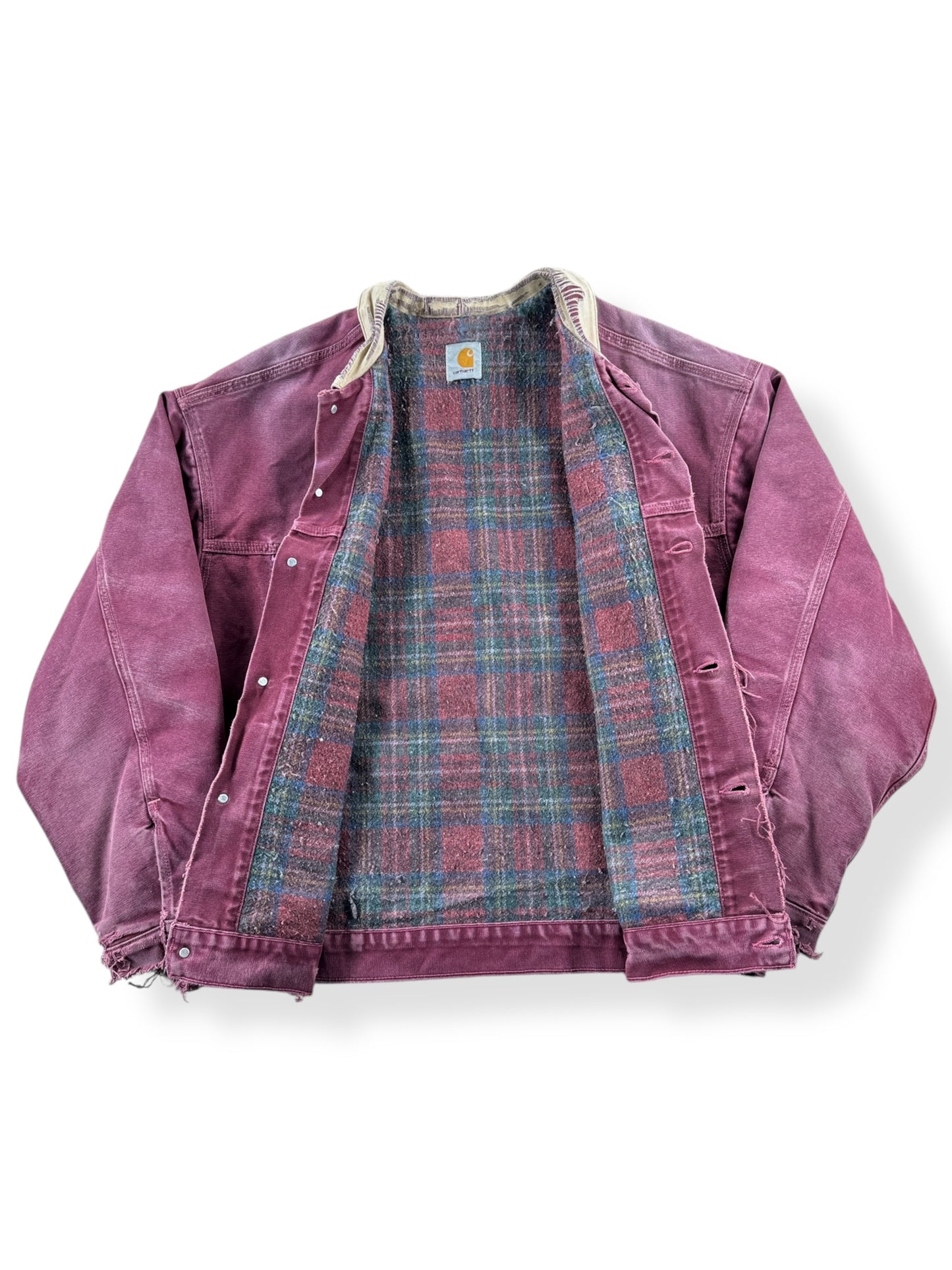 Inside of Vintage Distressed Wine Color Carhartt Trucker Jacket SZ XL