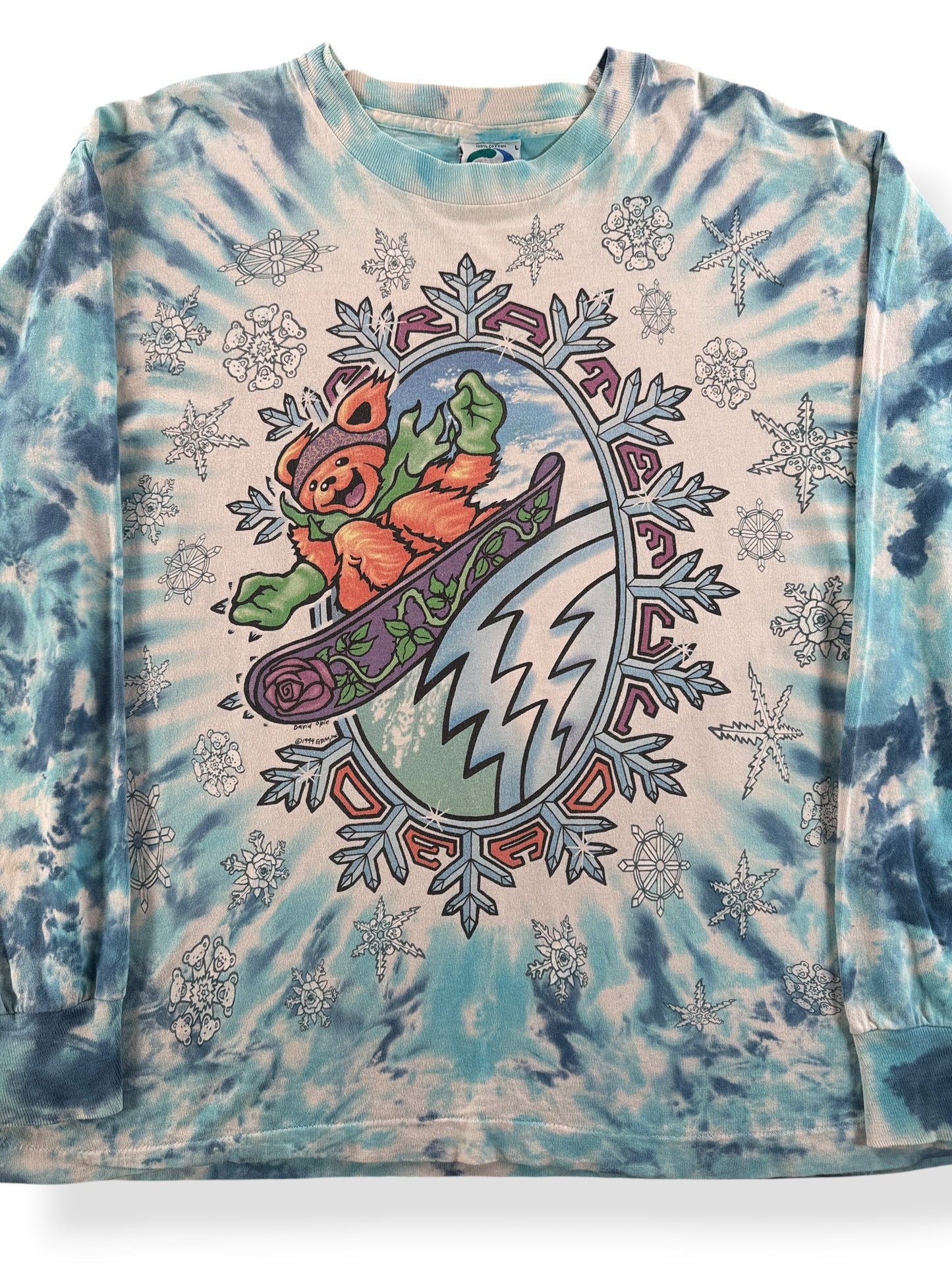 Front Close Up of Vintage Grateful Dead Snowboarding Bear Long Sleeve Tee SZ L