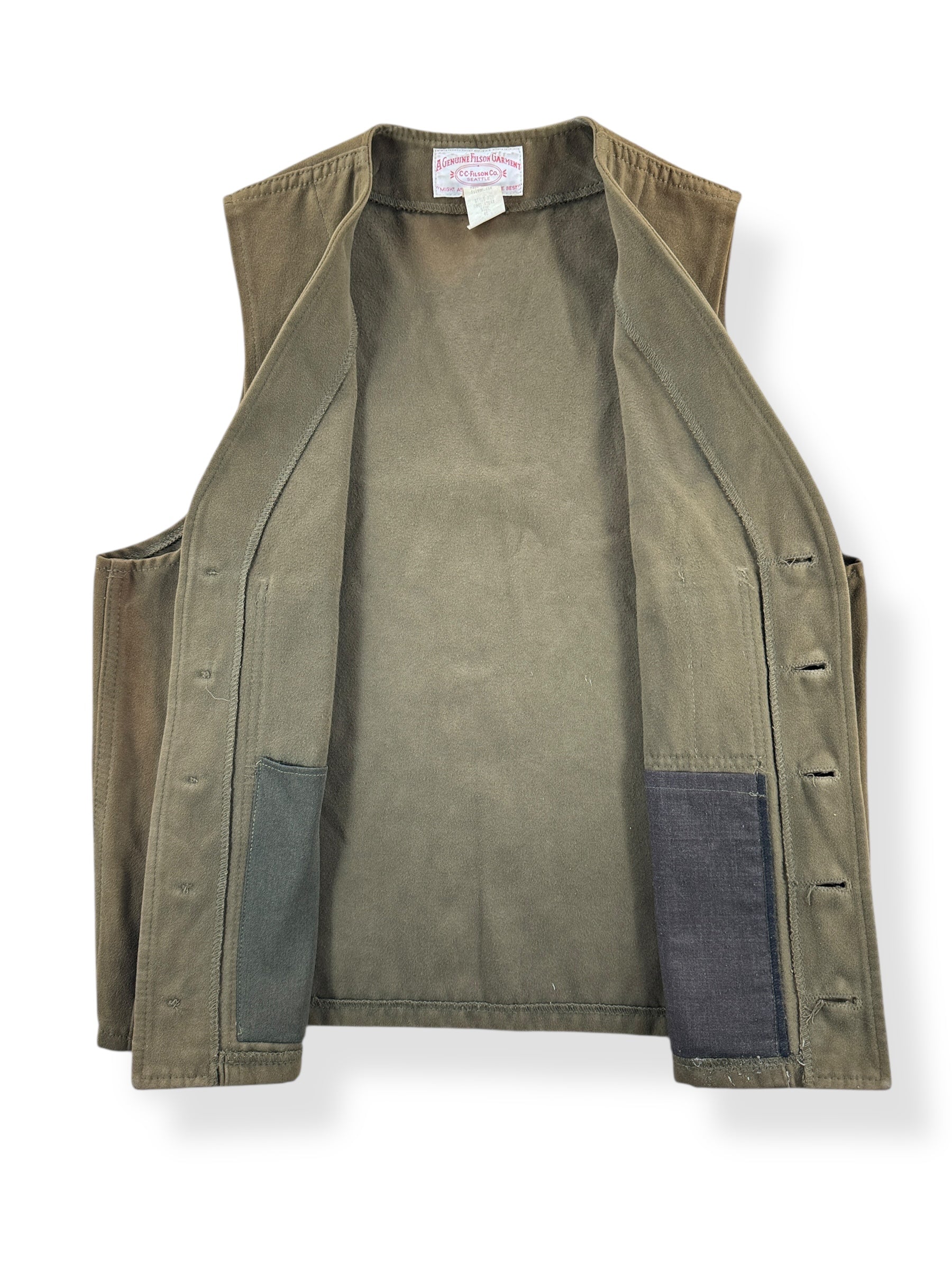 Inside of Vintage Olive Green Filson Moleskin Vest SZ 40