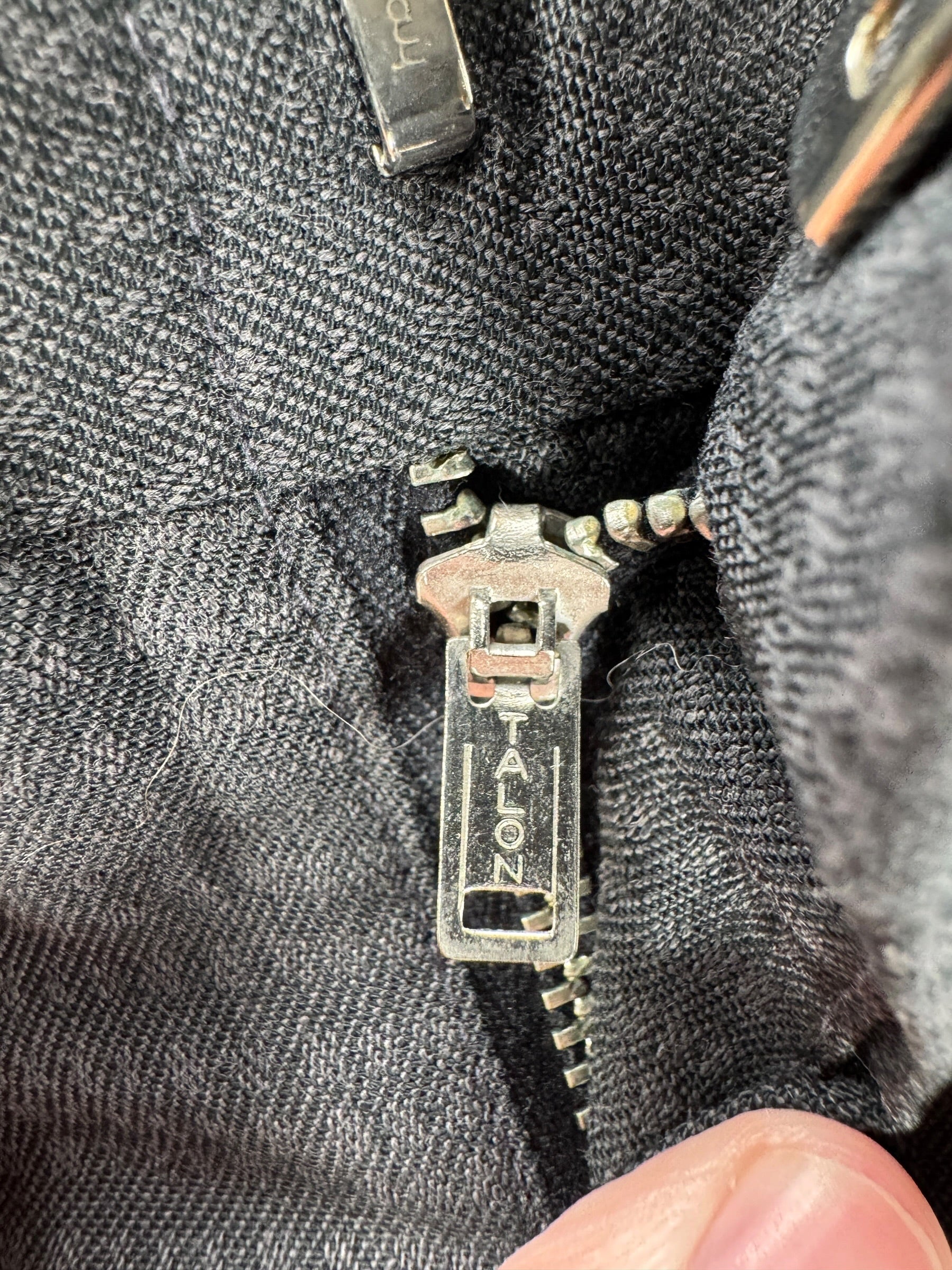Zipper on Vintage 50s Black Gabardine Patterened Drop Loop Trousers W33