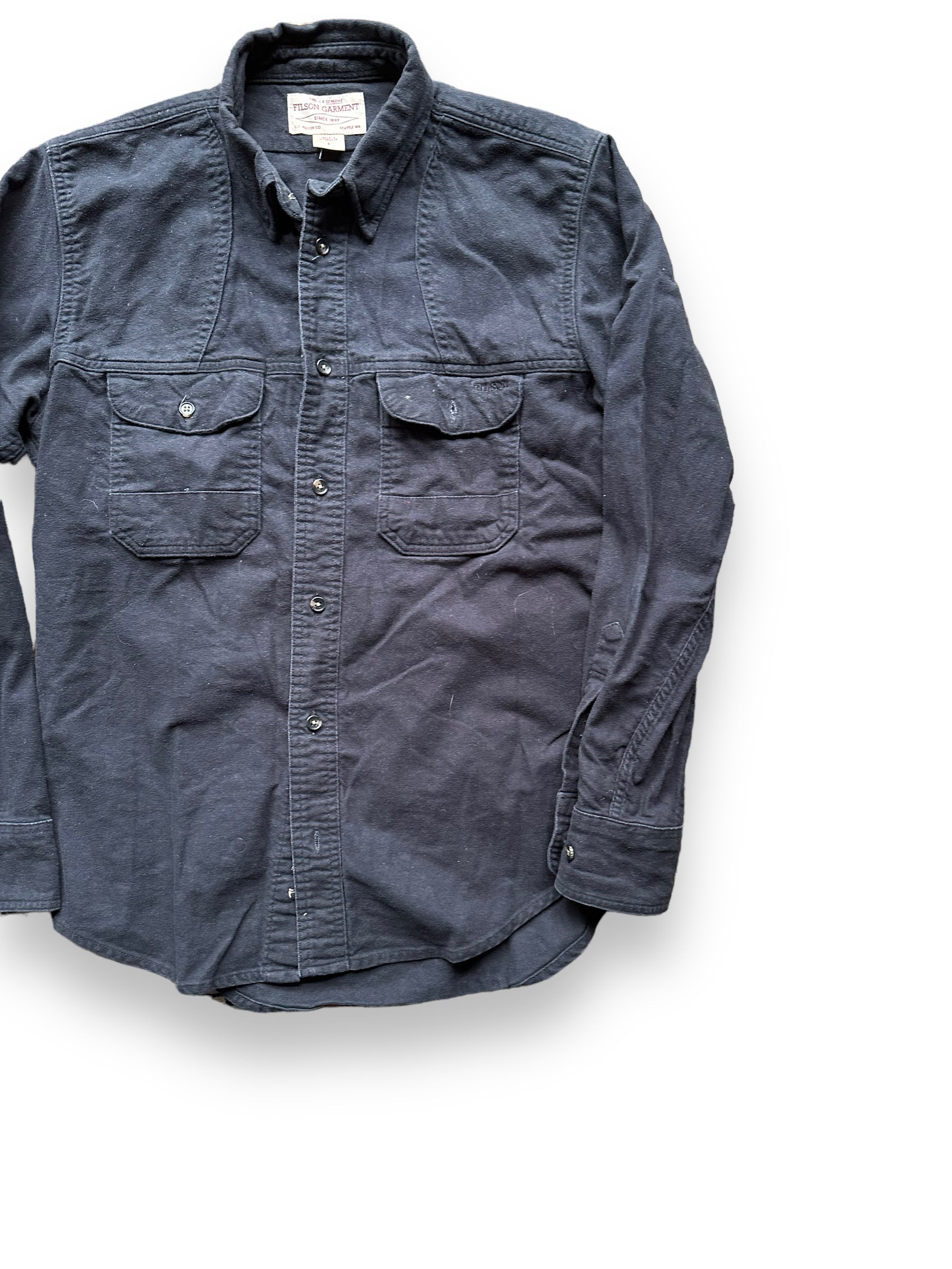 Front left of Filson Black Moleskin Shirt |  Barn Owl Vintage Goods | Vintage Filson Workwear Seattle