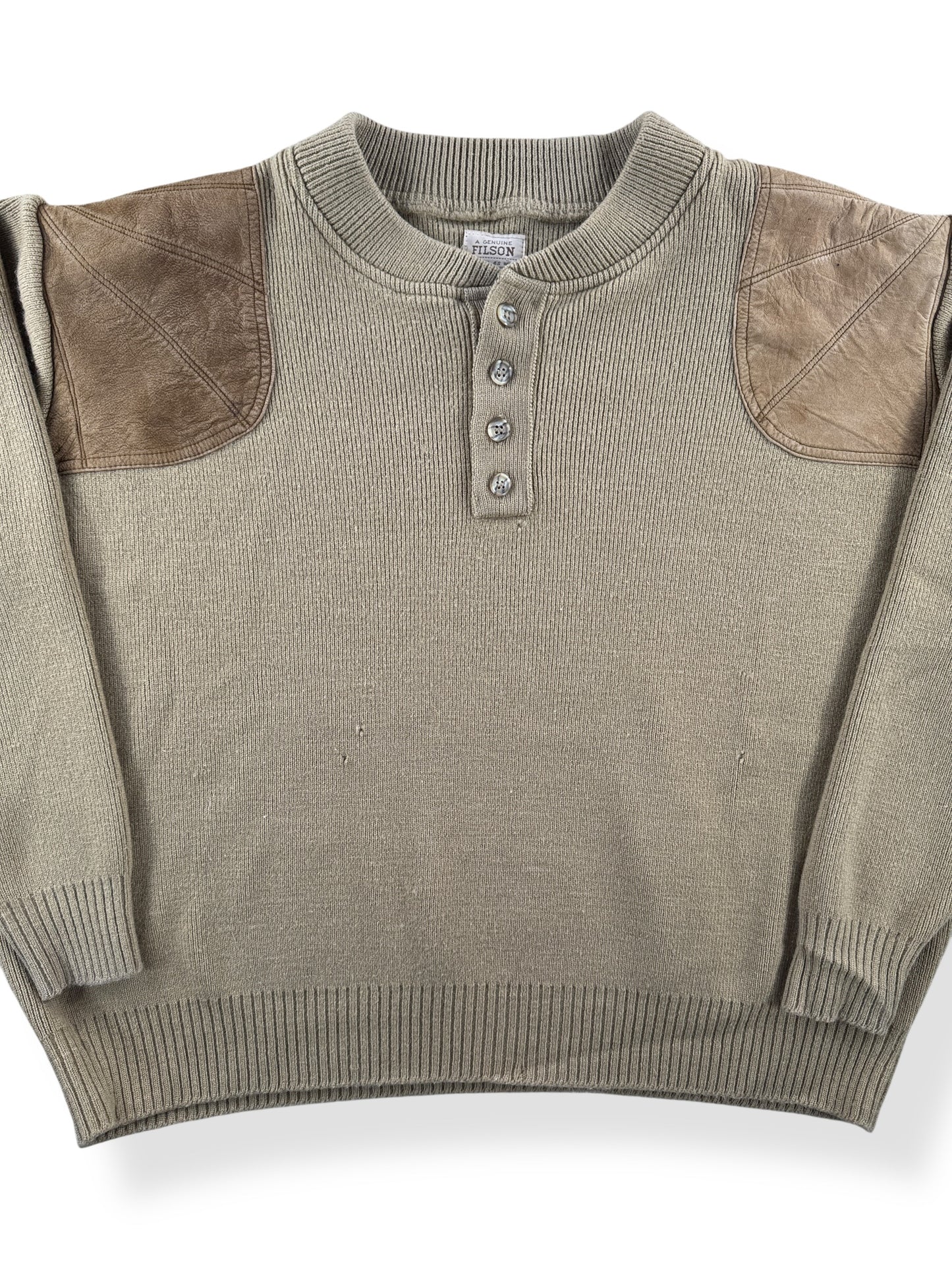 Front Close Up of Vintage Filson Tan Guide Sweater SZ XL