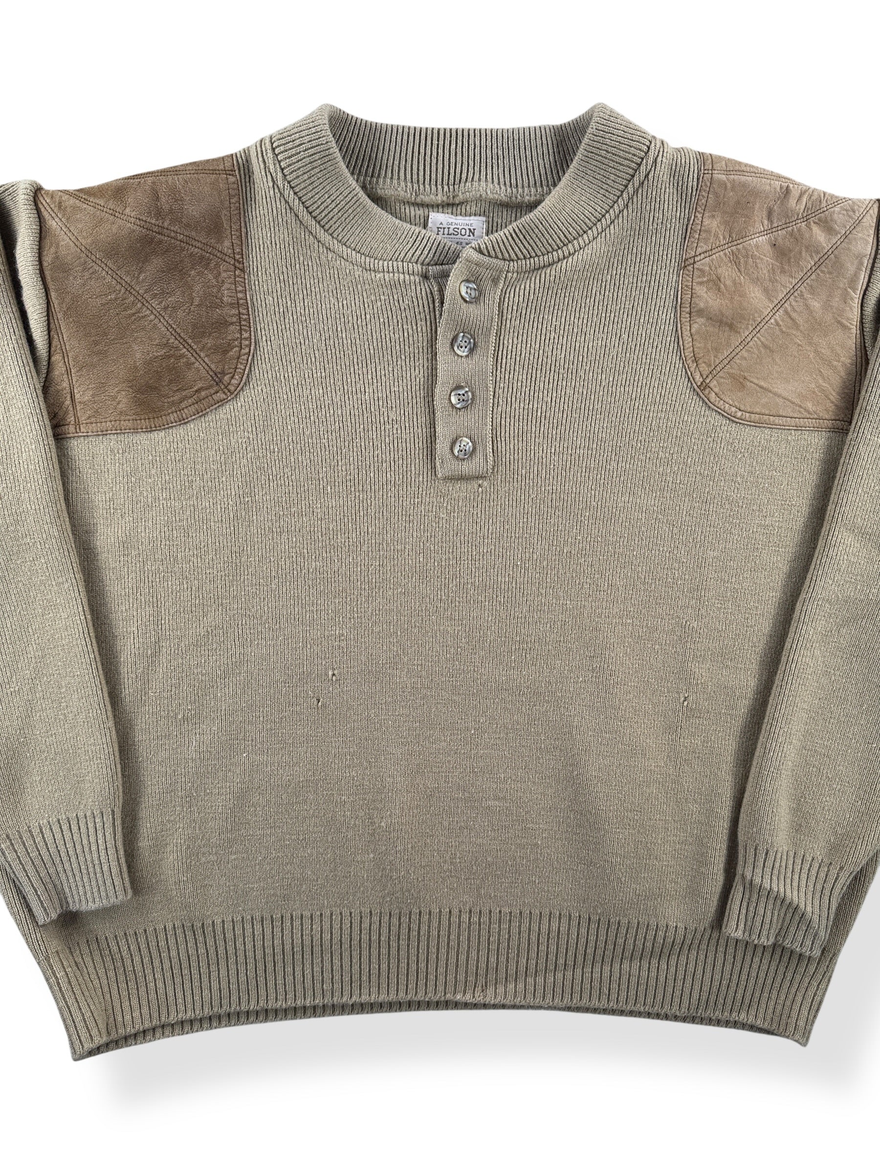 Front Close Up of Vintage Filson Tan Guide Sweater SZ XL