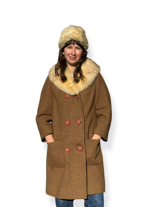 Front view of 1960s Brown Wool Coat with Fur Collar L