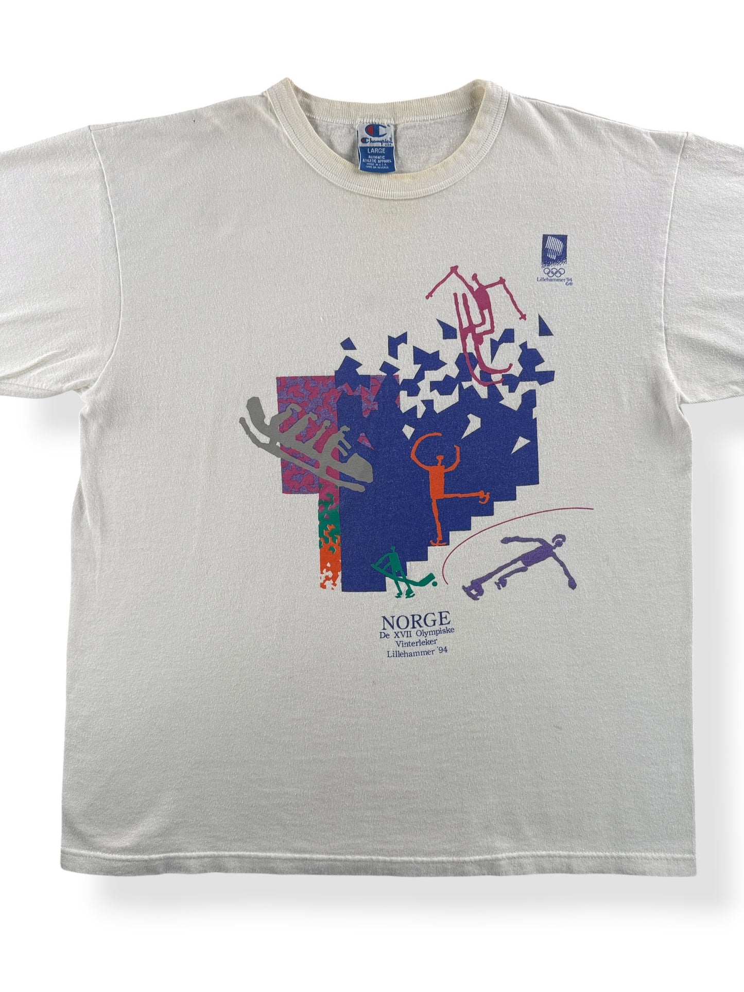 Front Close Up of Vintage Champion Lillehammer '94 Olympics Tee SZ L