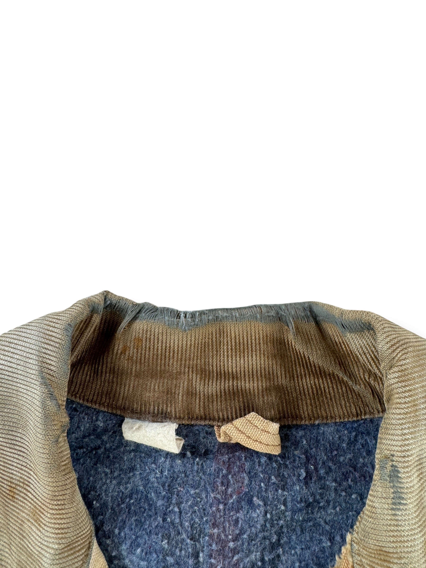 Collar on Vintage 70s Era Thrashed Carhartt Chore Coat SZ 46