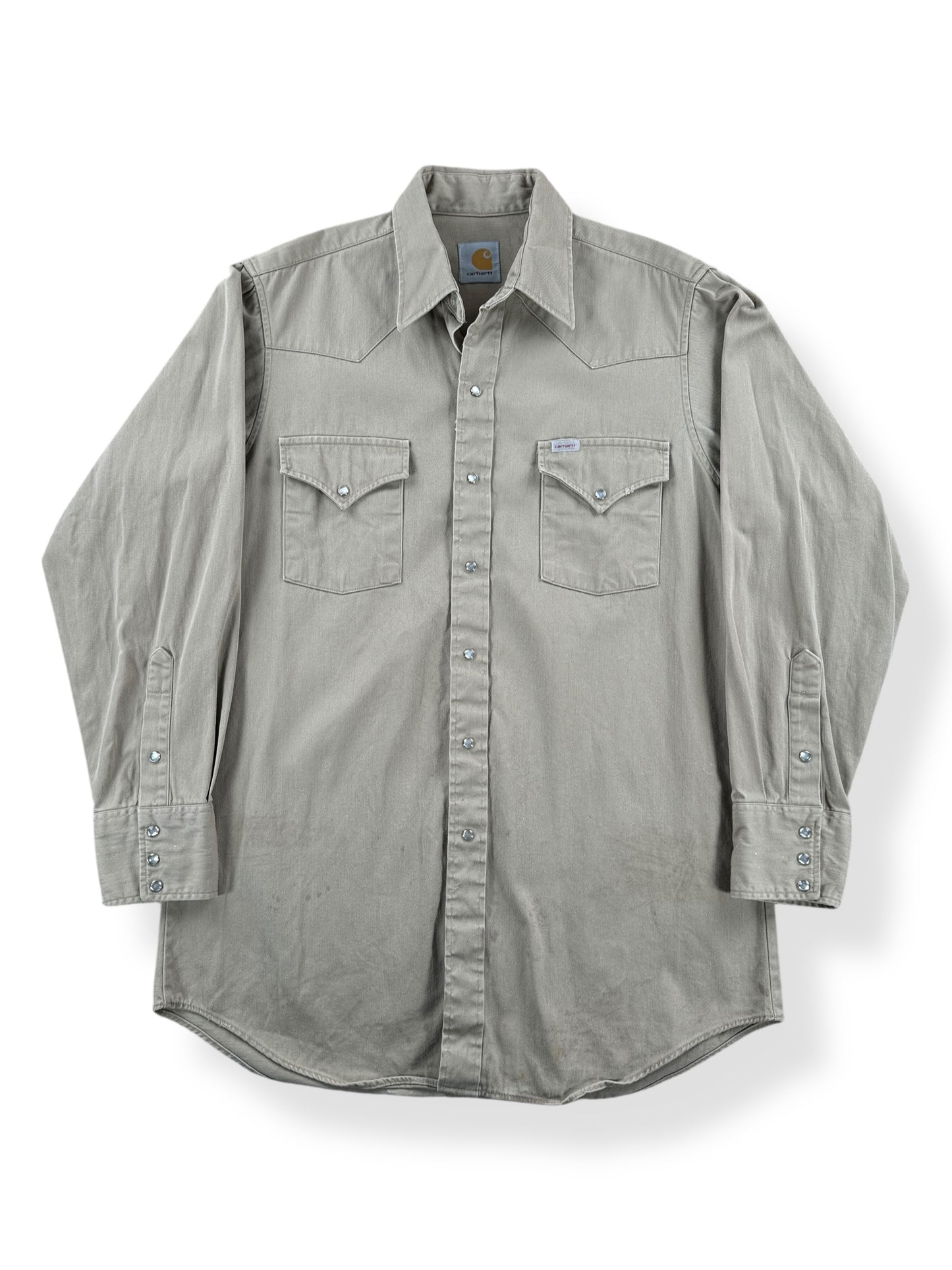Front of Vintage Tan Carhartt Western Pearl Snap Shirt SZ L