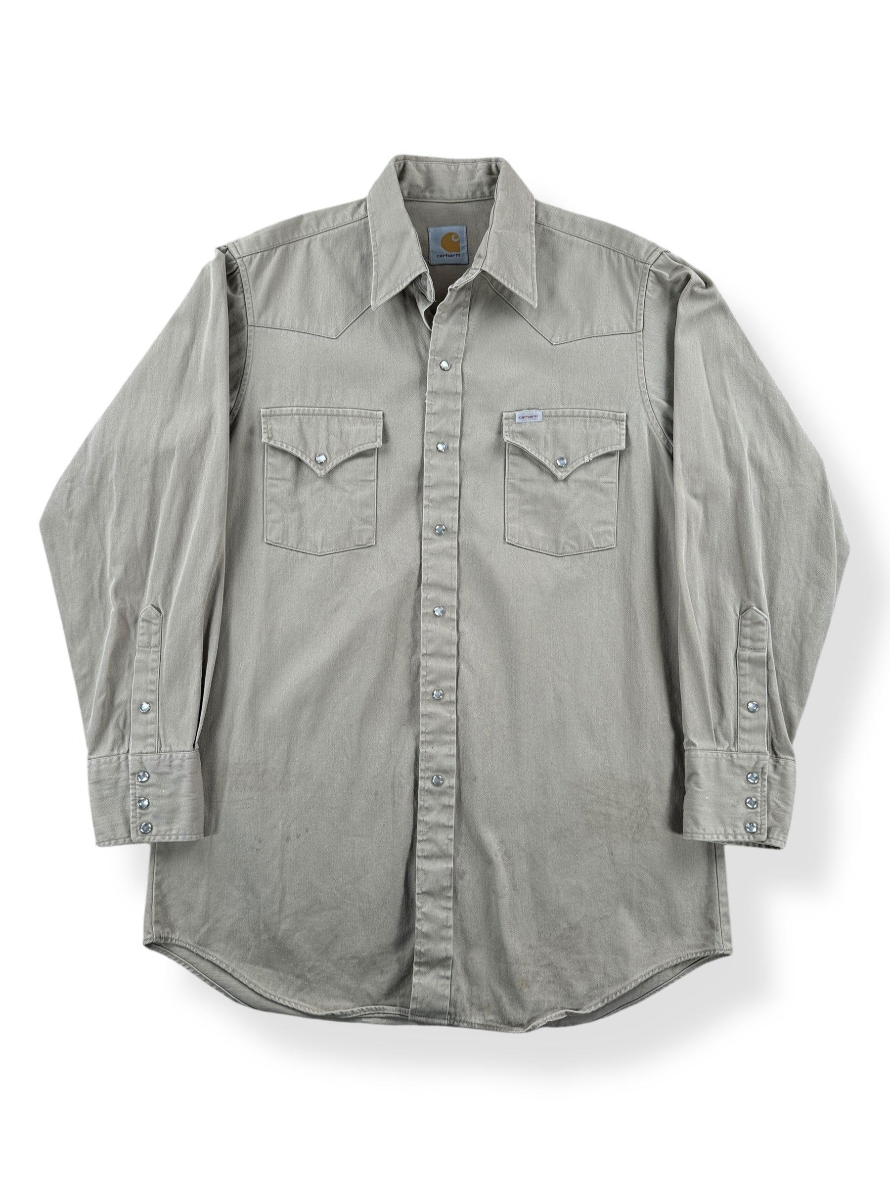 Front of Vintage Tan Carhartt Western Pearl Snap Shirt SZ L