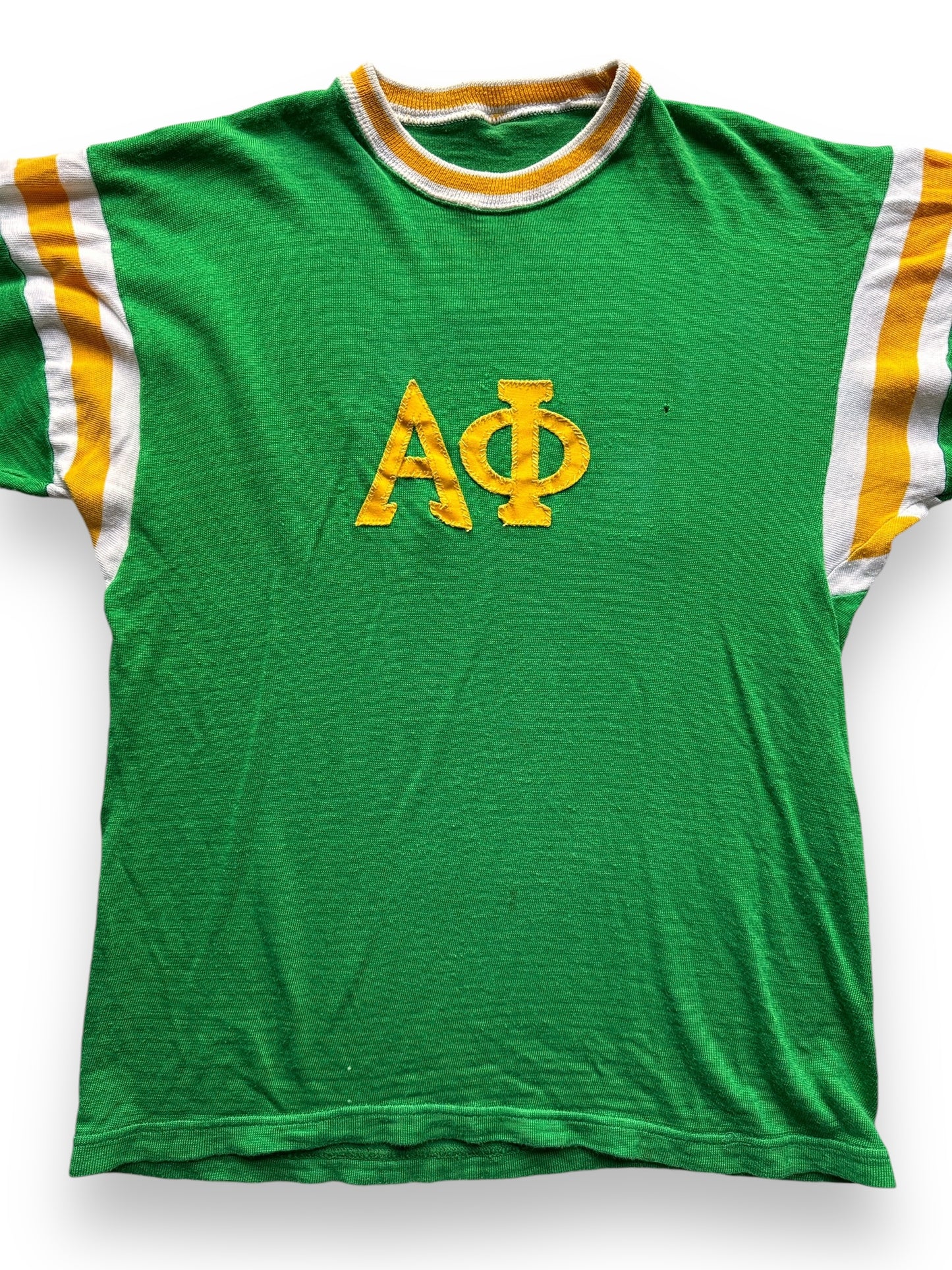 front close up of Vintage 50's Green Durene Alpha Phi Frat Tee SZ M