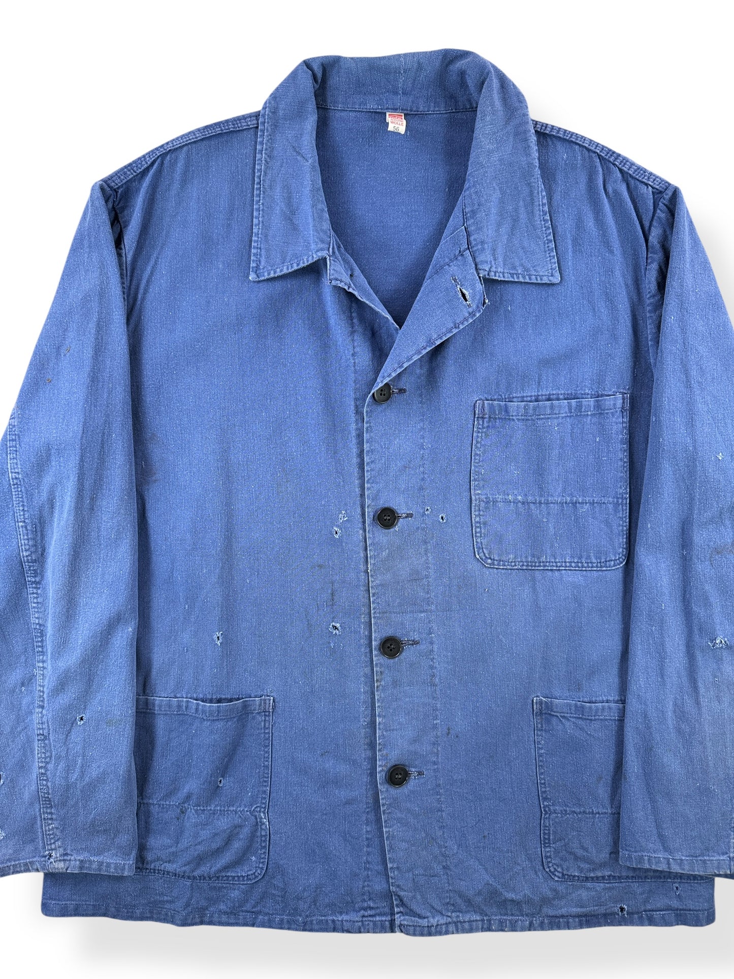 Front Close Up of Vintage Rofa Thrashed French Chore Coat SZ XL