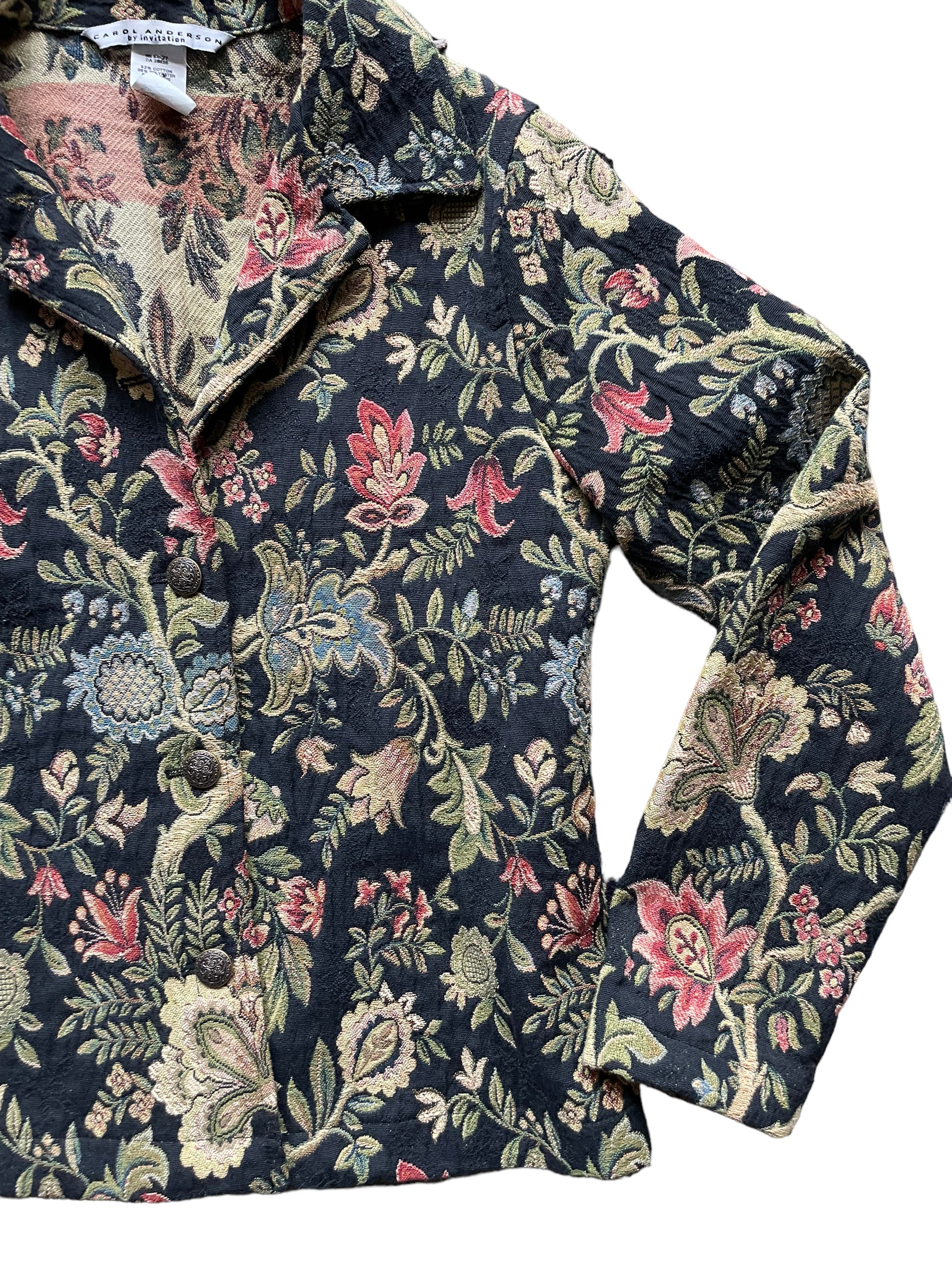 Front left side view of Vintage 90s Ladies Tapestry Jacket | Seattle True Vintage | Barn Owl Ladies Clothing