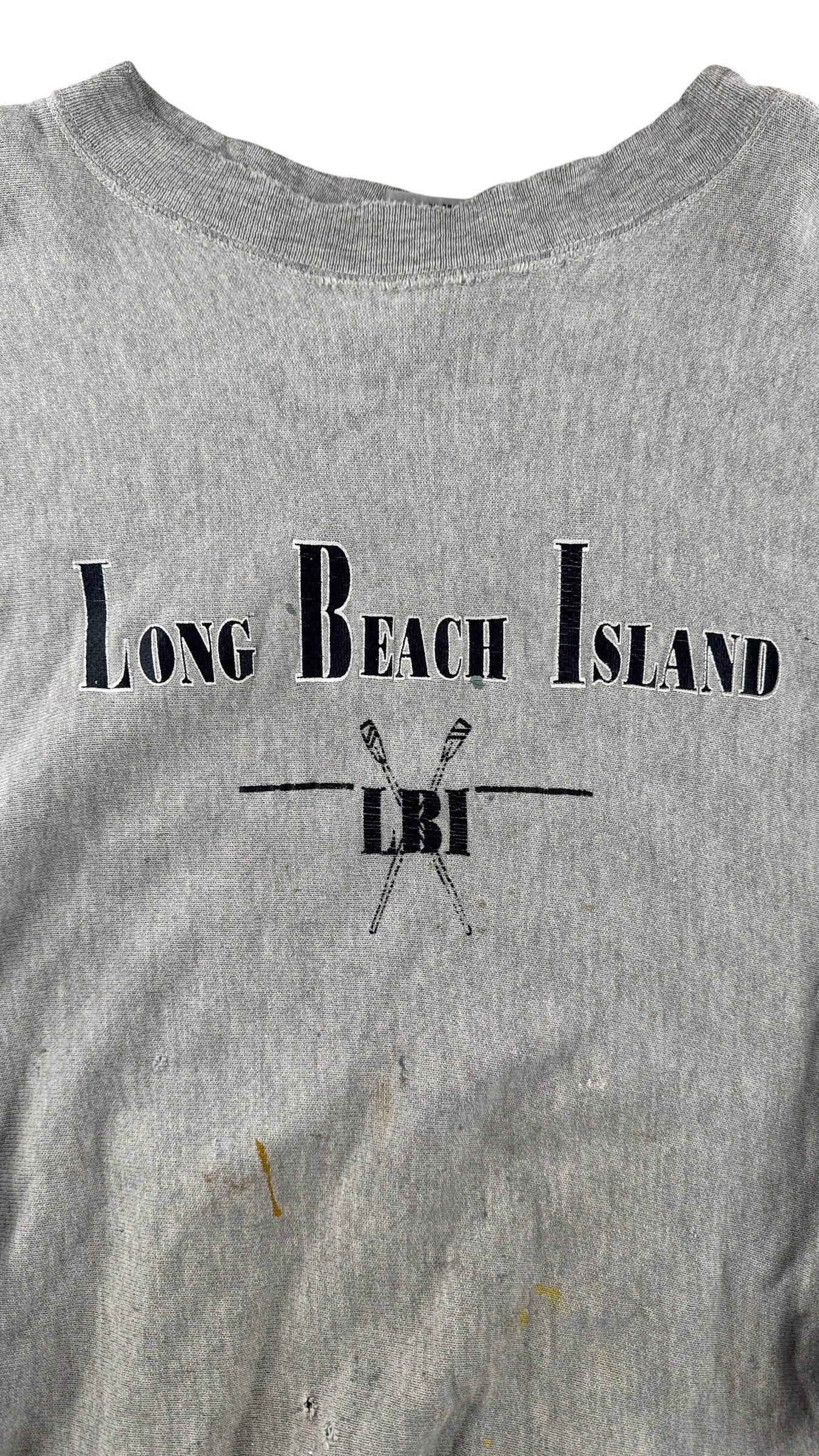 Front graphic on Vintage Long Beach Island Paint Splattered Reverse Weave Crewneck SZ L