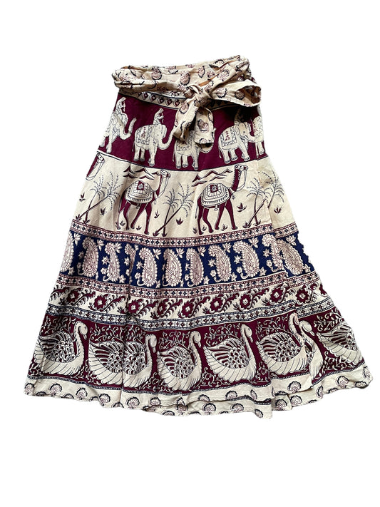 Full front view of Vintage 1970s Midi Indian Cotton Camel Wrap Skirt SZ S-L | Barn Owl VIntage Seattle | Ladies True Vintage