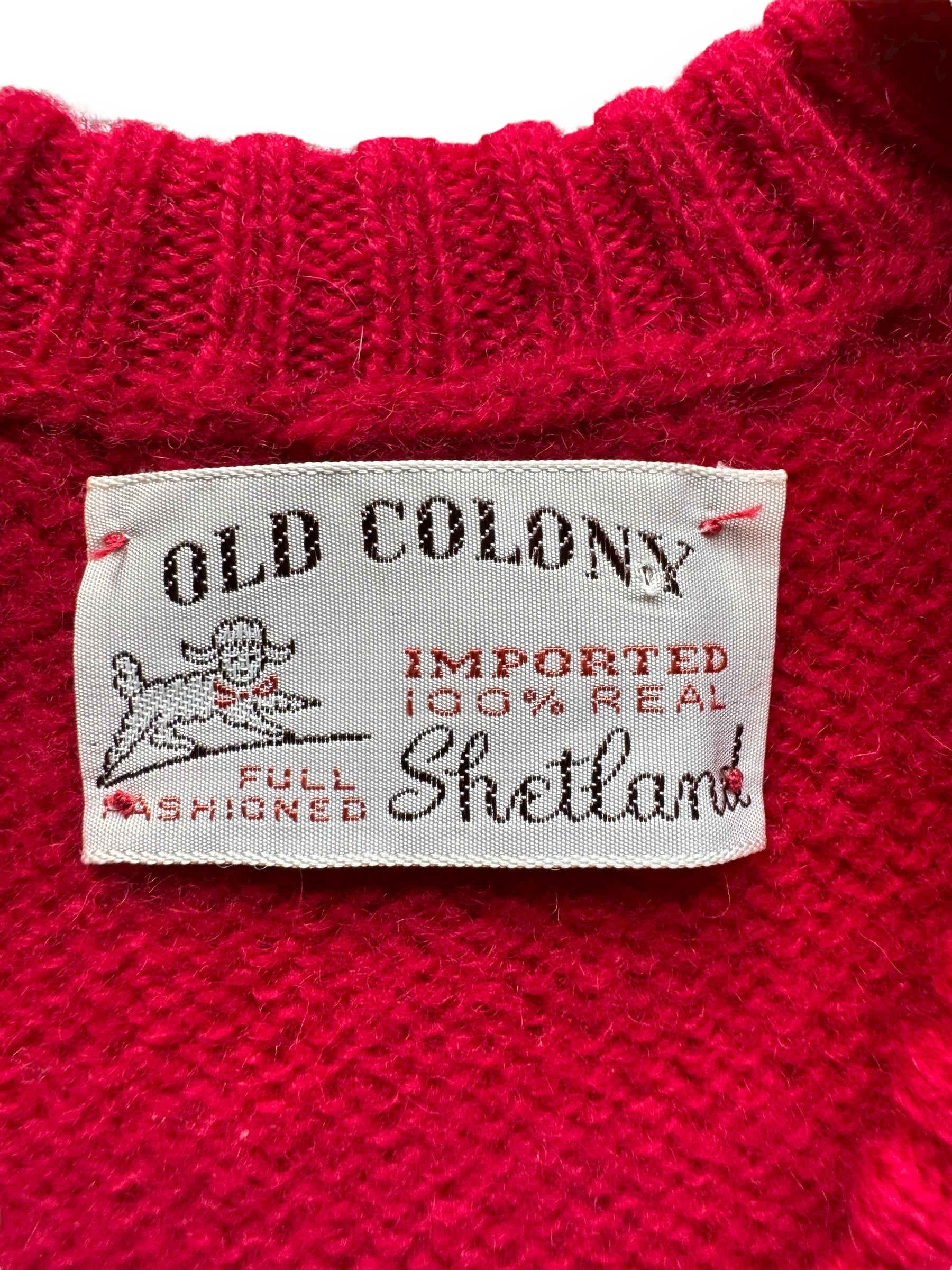 tag on Vintage Old Colony Red Shetland Sweater SZ L