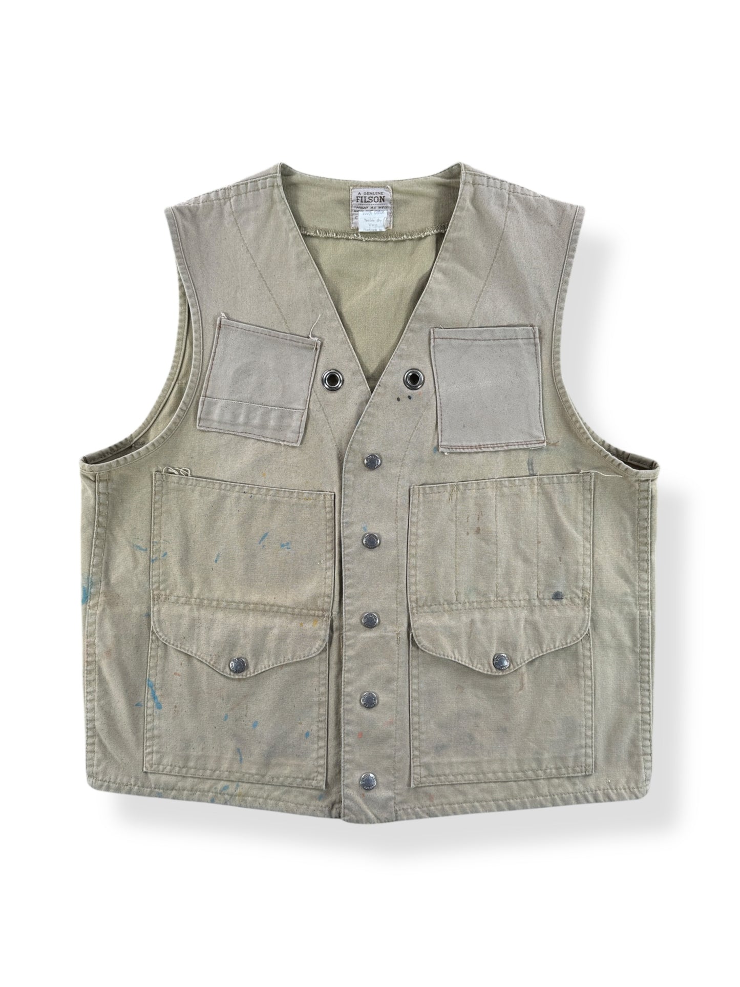 Front of Vintage Filson Style 8 Tin Cloth Vest W/ Custom Pockets & Grommets SZ 38