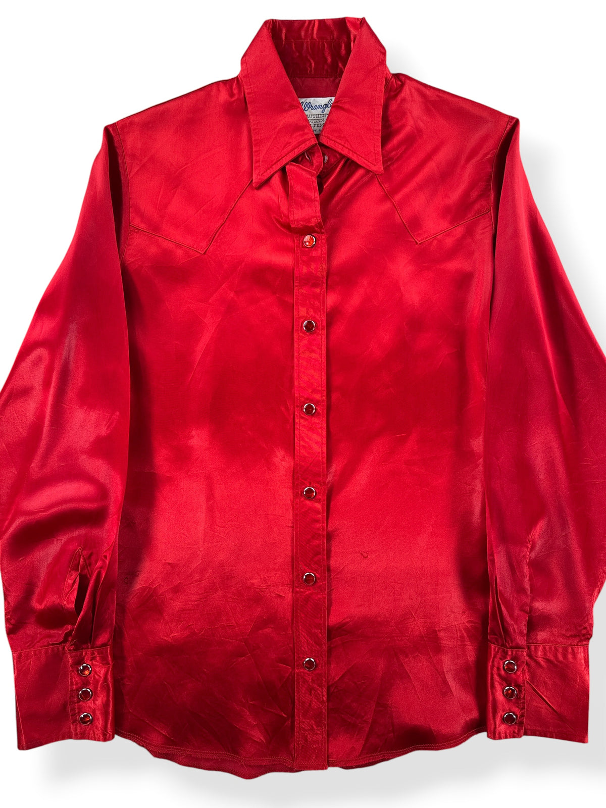 Close-up of Vintage Wrangler Red Western Pearl Snap SZ S