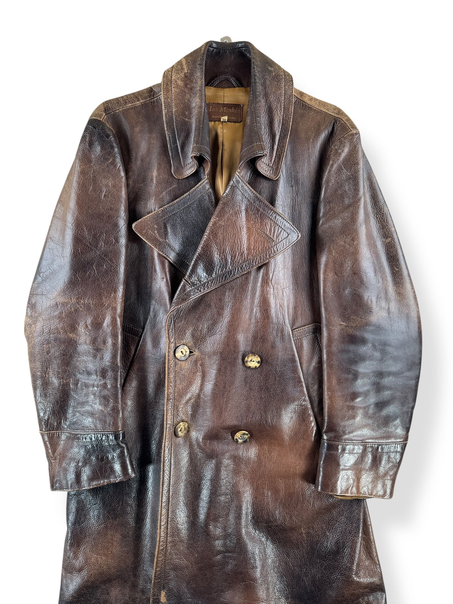 Front Close Up of Vintage Ian Mankin Made In England Leather Trench Coat SZ 38