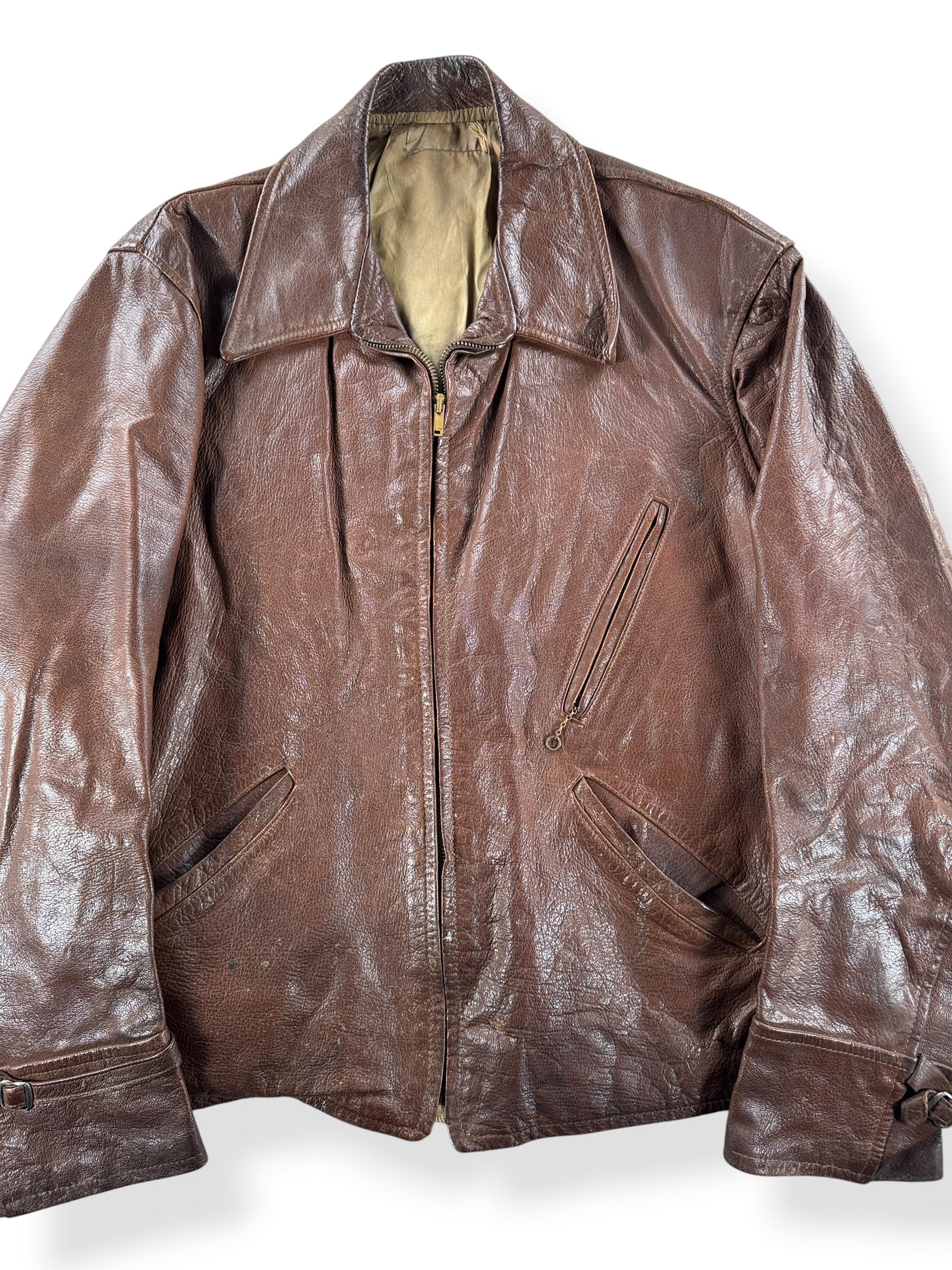 Front Close Up of Vintage Brown Goatskin Leather Jacket SZ M
