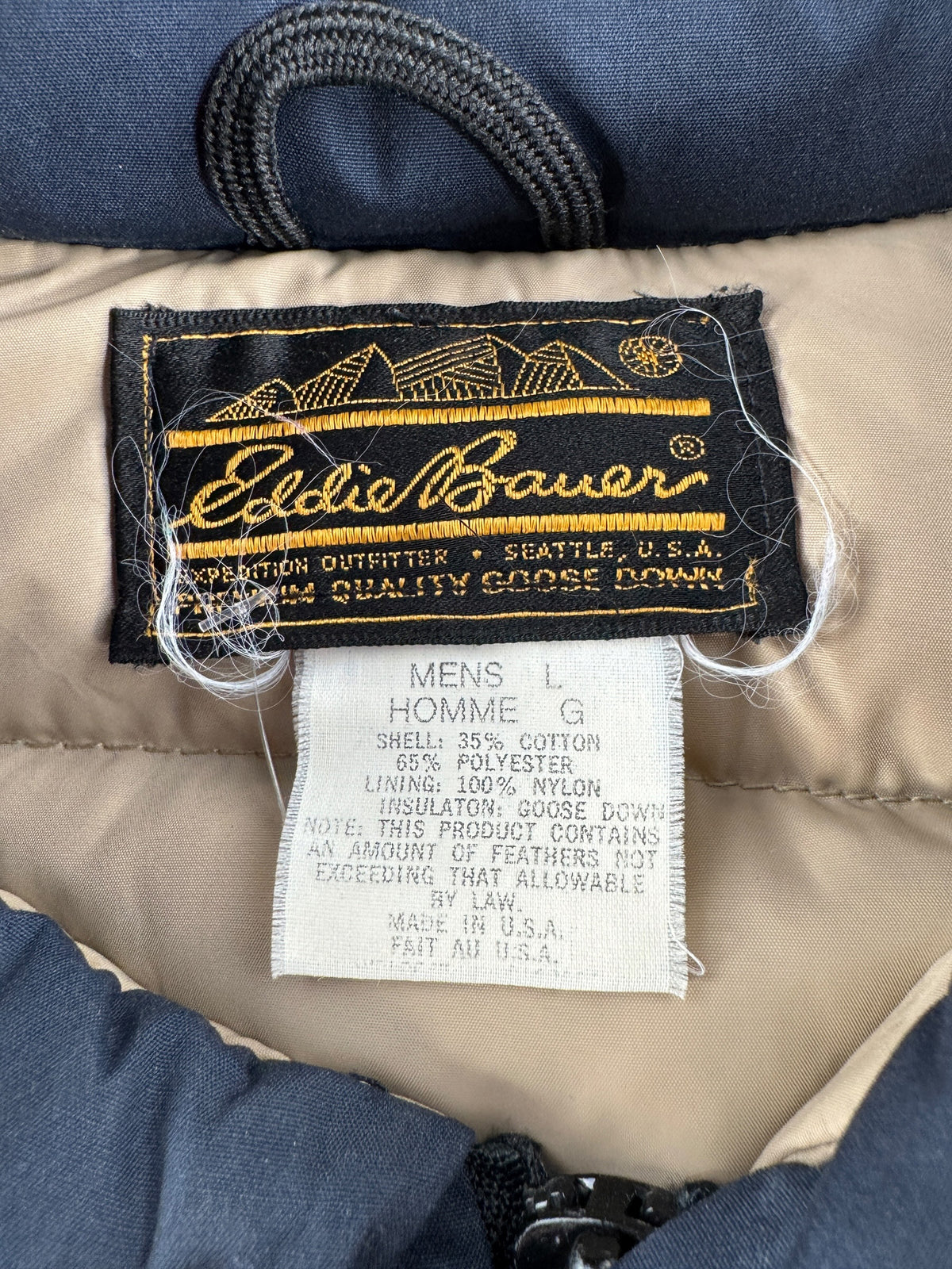 Tags on Vintage Eddie Bauer Navy Blue Parka SZ L