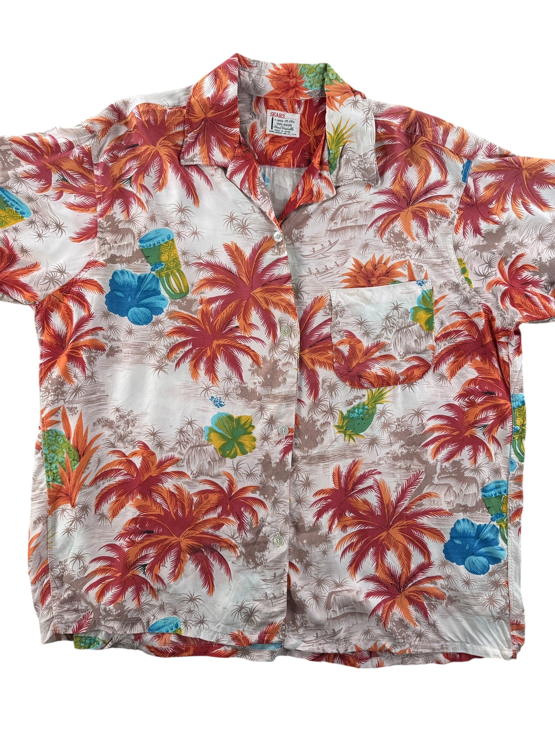 Front Close Up of Vintage Sears Rayon Aloha Shirt SZ XL