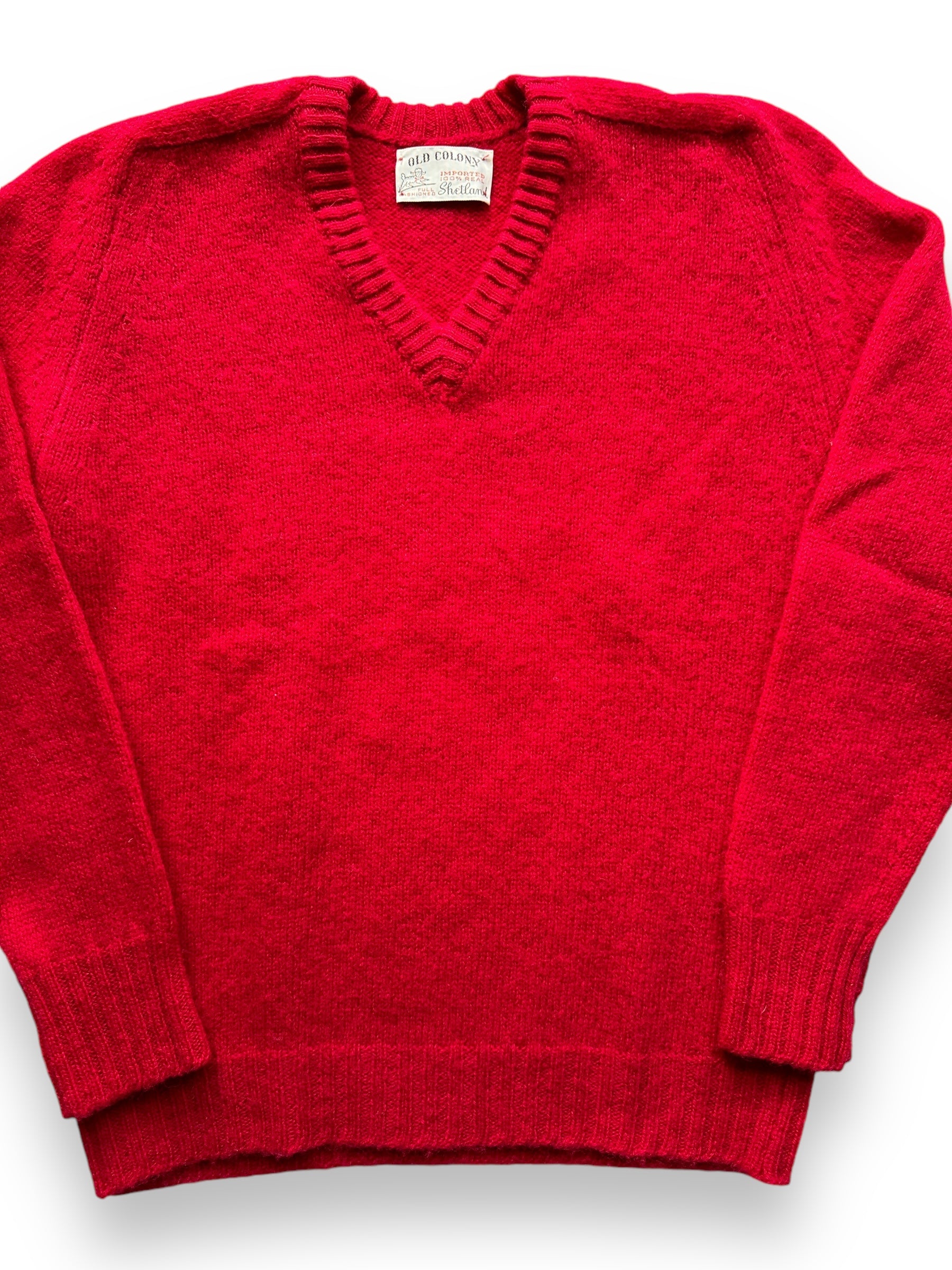 front close up of Vintage Old Colony Red Shetland Sweater SZ L