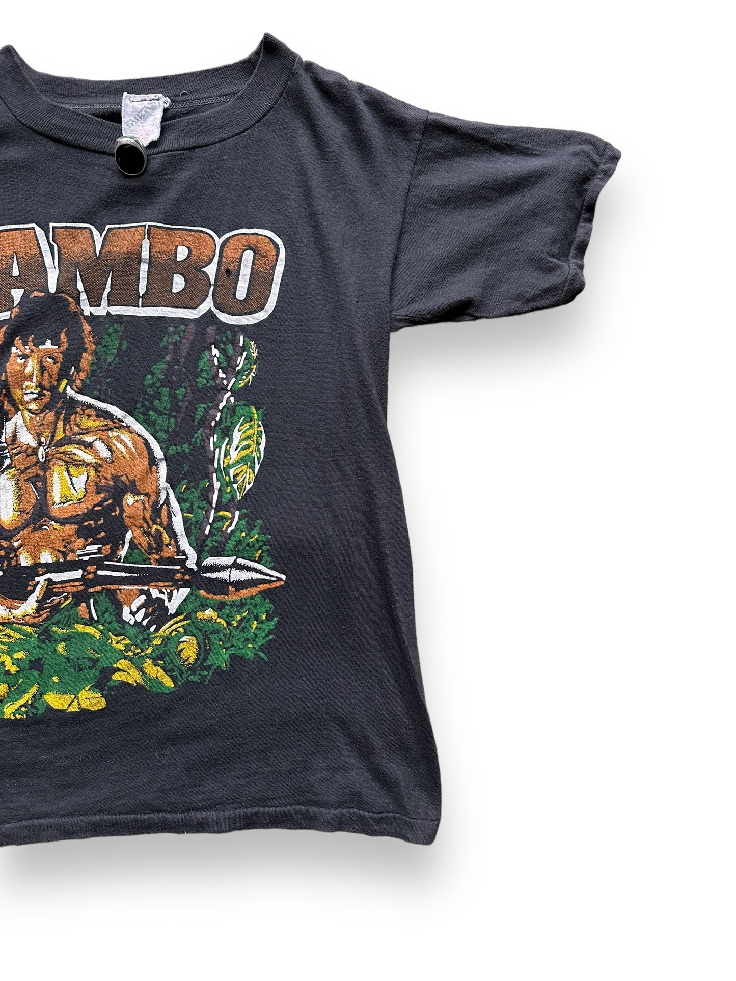 Front Left View of Vintage Sylvester Stallone Rambo T-Shirt SZ L |  Vintage John Rambo Tee Seattle | Barn Owl Vintage