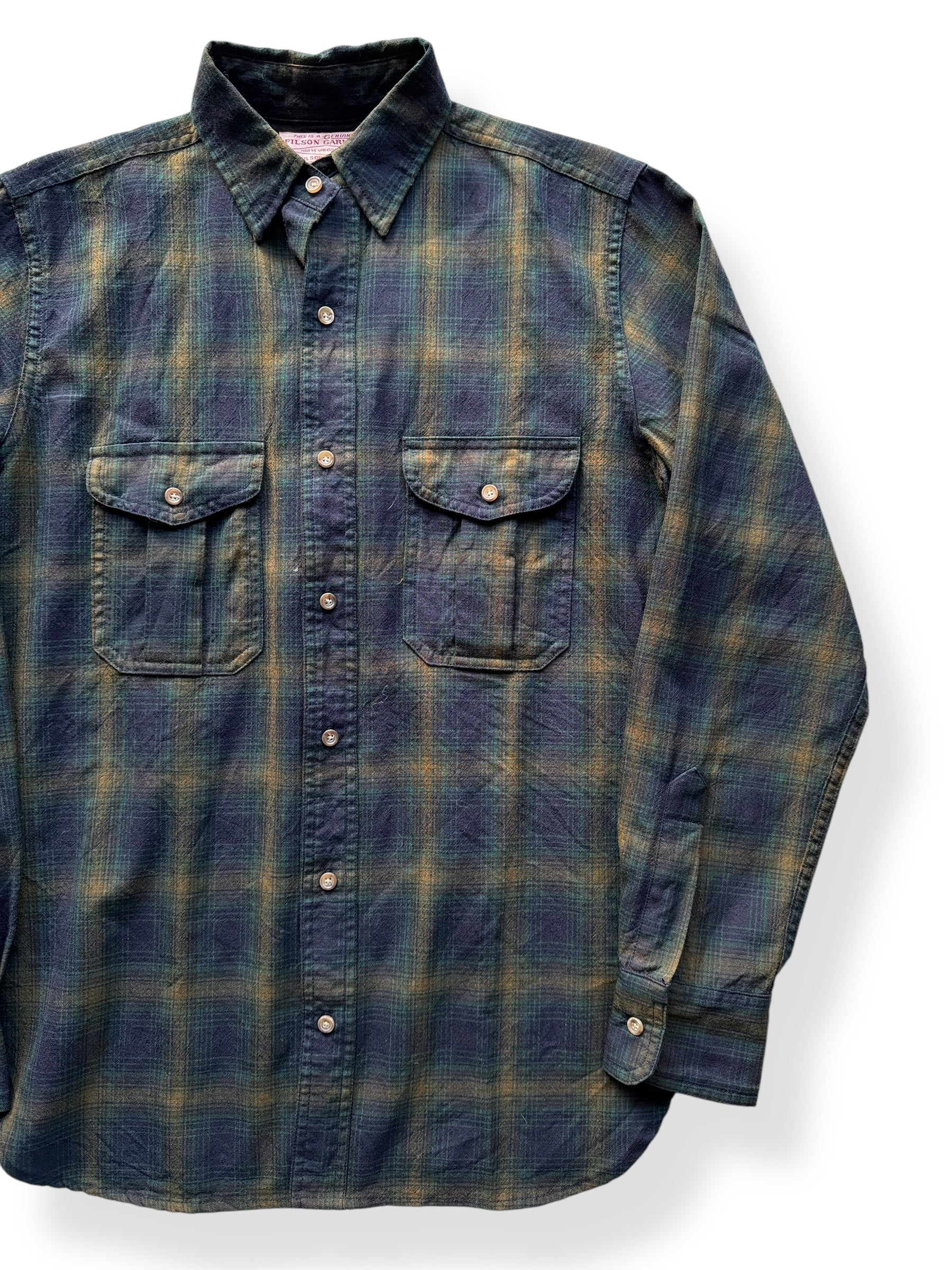 Front Left of Filson Green & Brown Wool Flannel SZ S