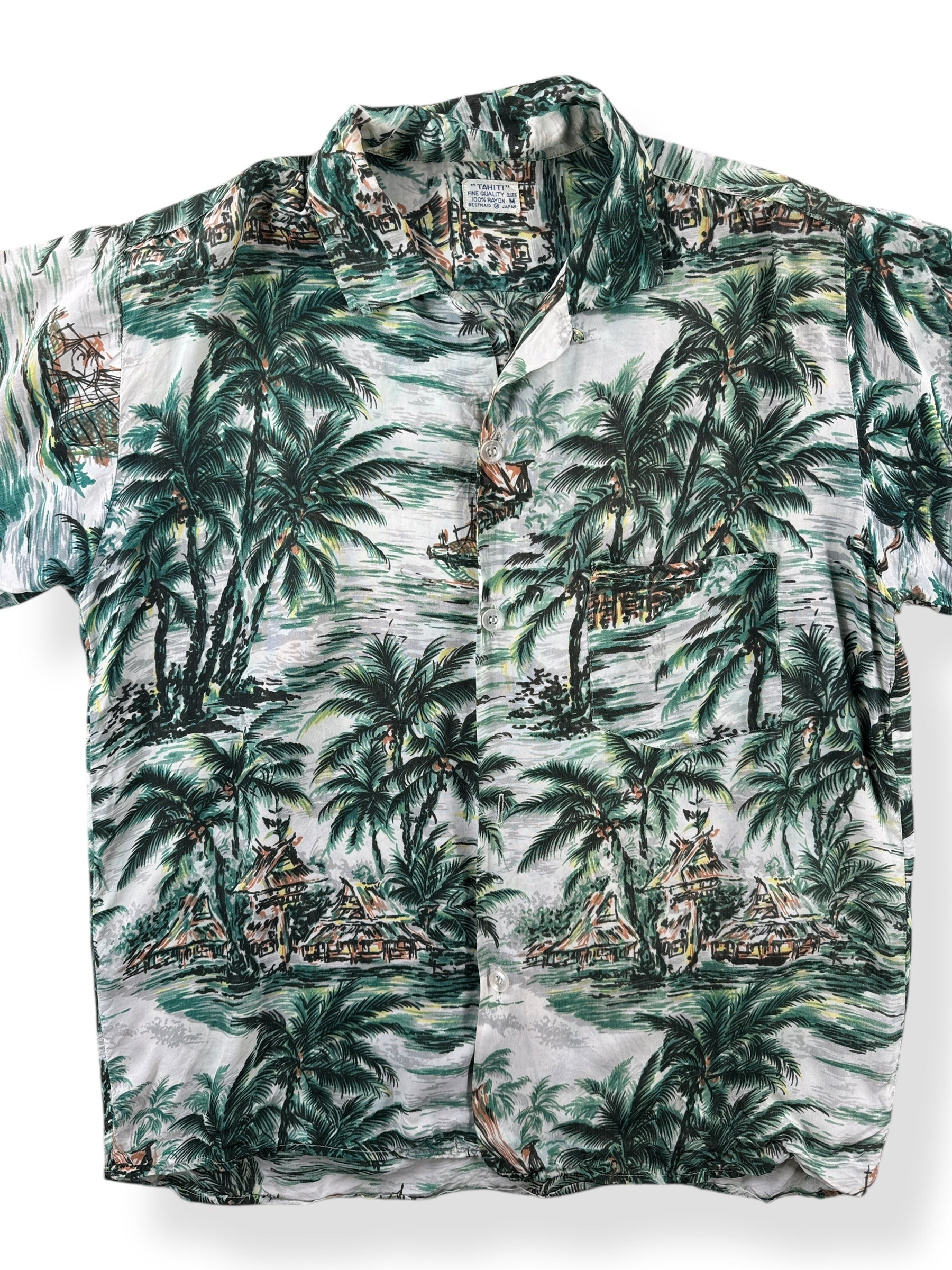 Front Close Up of Vintage Tahiti Brand Rayon Aloha Shirt SZ M