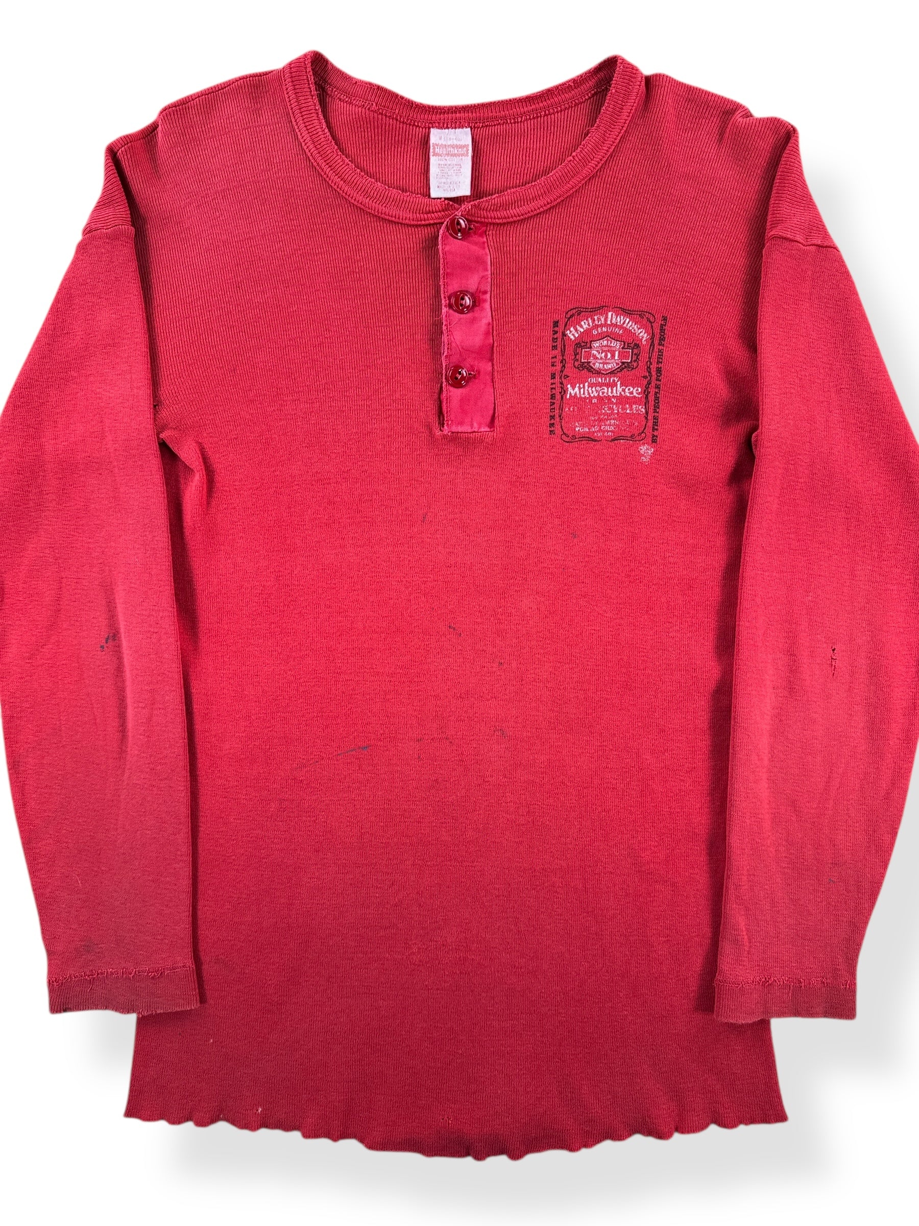 Front Close Up of Vintage Downtown Seattle Harley Davidson Red Henley Shirt SZ S
