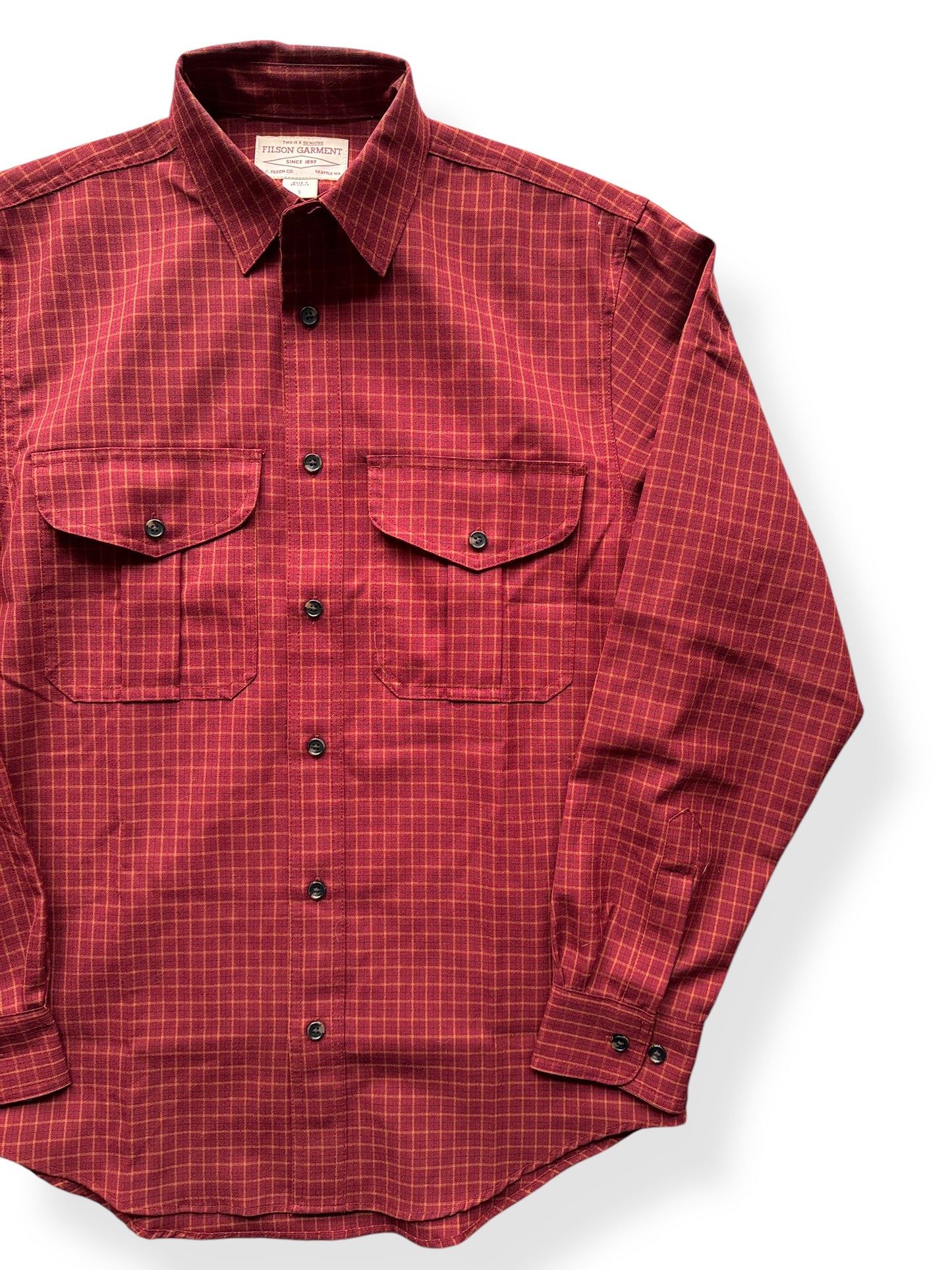 Front Left of Filson Merino Wool Red Gold Plaid Guide Shirt SZ S