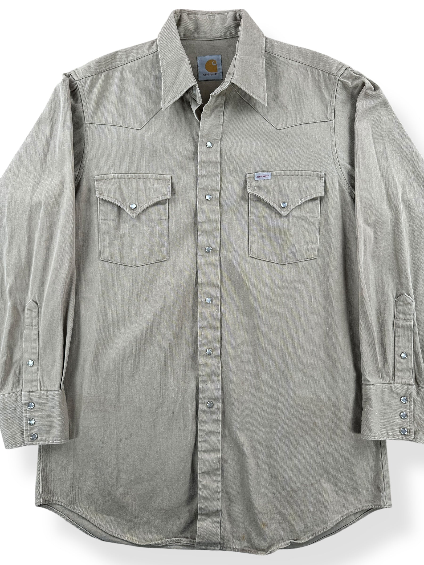 Front Close Up of Vintage Tan Carhartt Western Pearl Snap Shirt SZ L