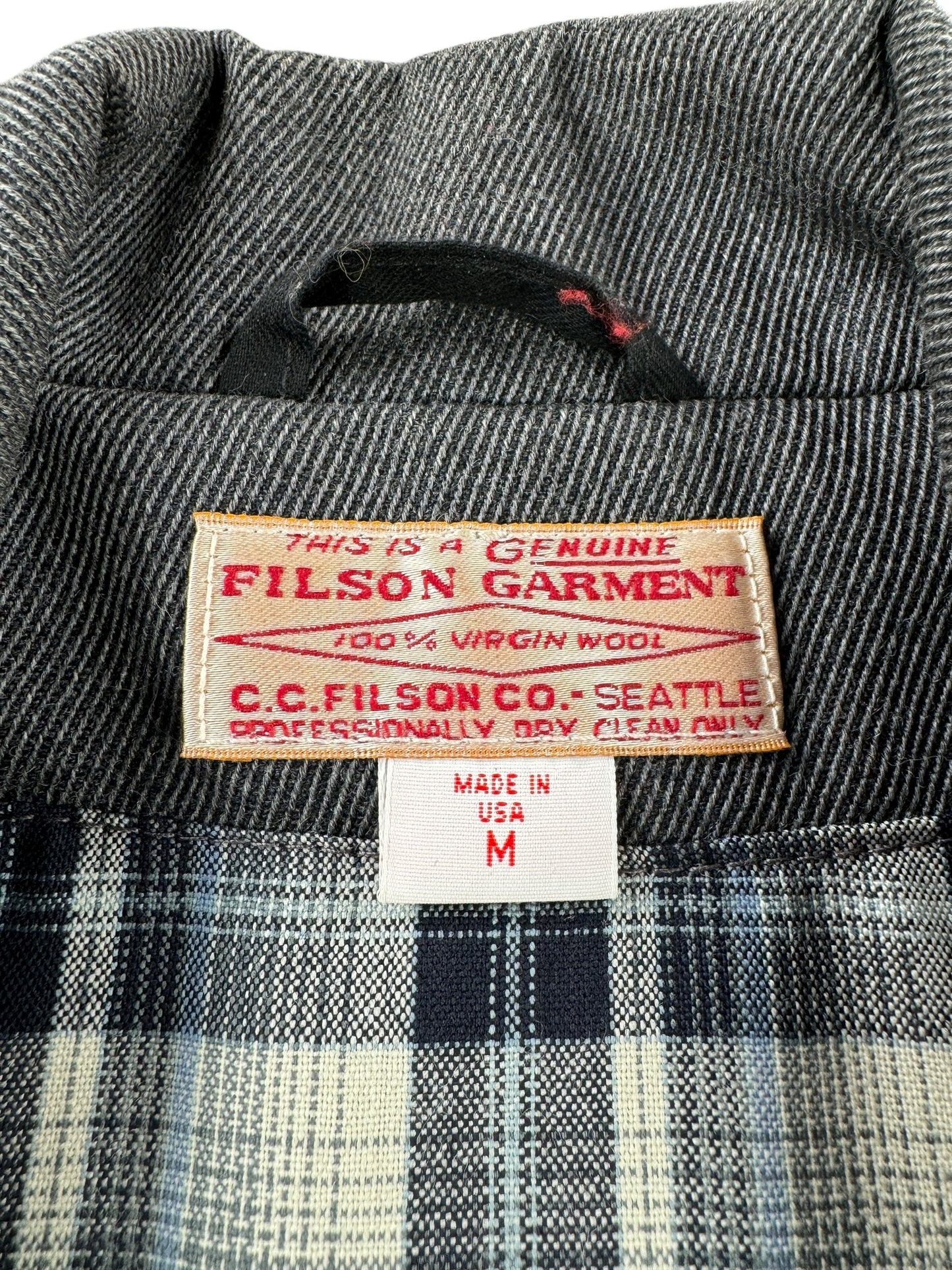 Label on Filson Whipcord Western Vest SZ M