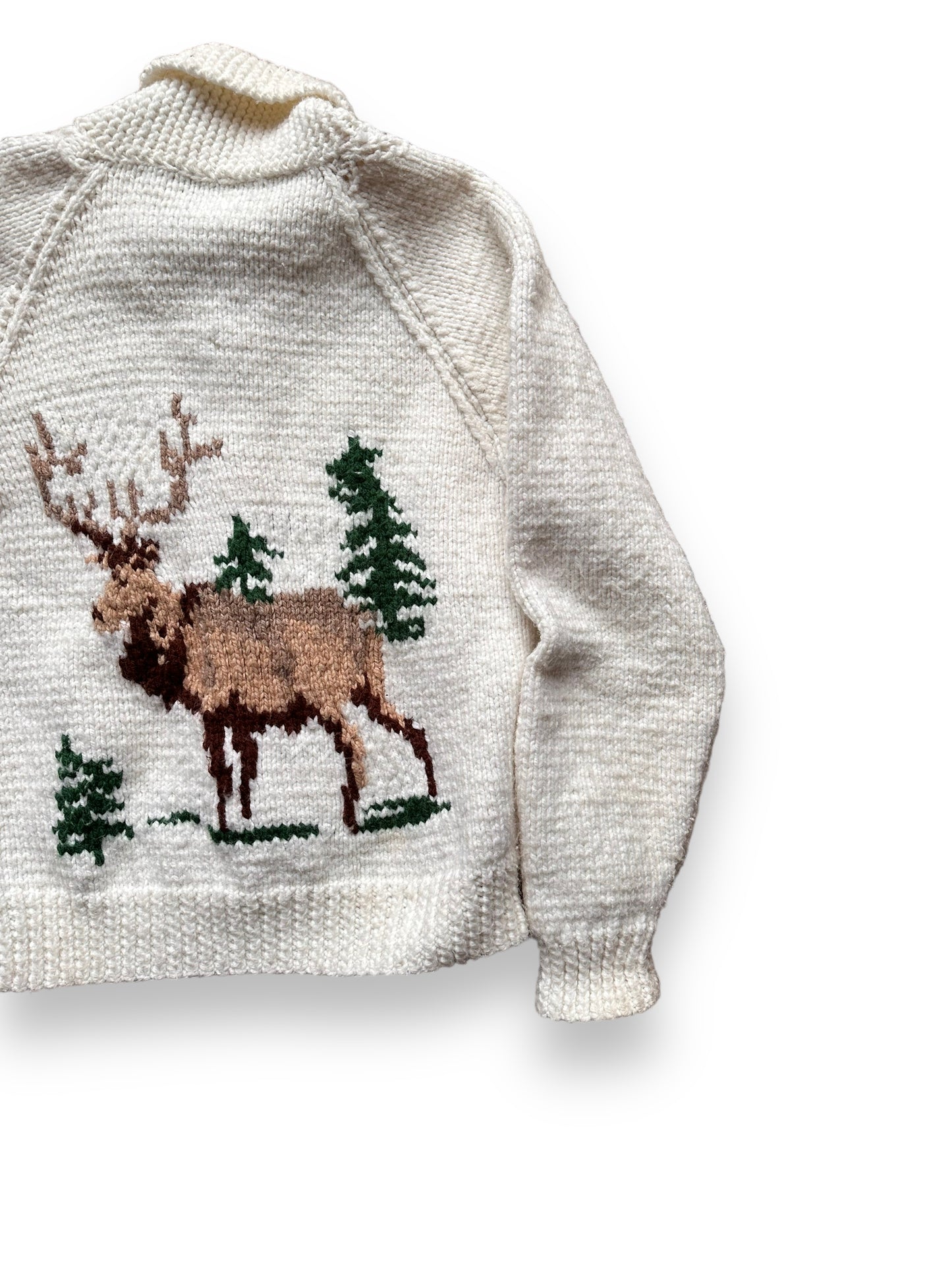 Rear Right View of Vintage Deer Wool Cowichan Style Sweater SZ M | Vintage Cowichan Sweaters Seattle | Barn Owl Vintage Seattle