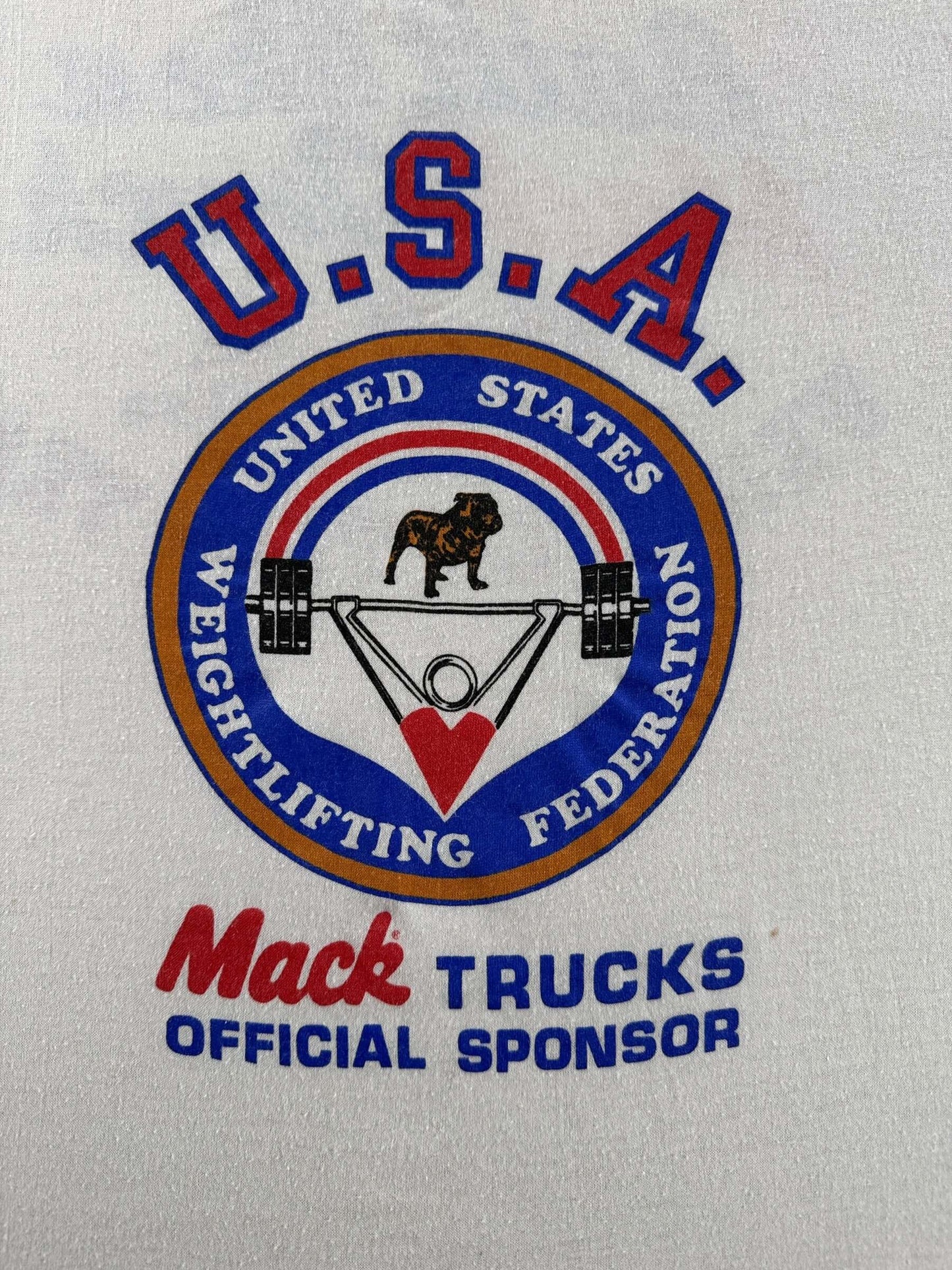 Graphic of Vintage Mack Truck Weightlifting Tee SZ XL (Fits L)