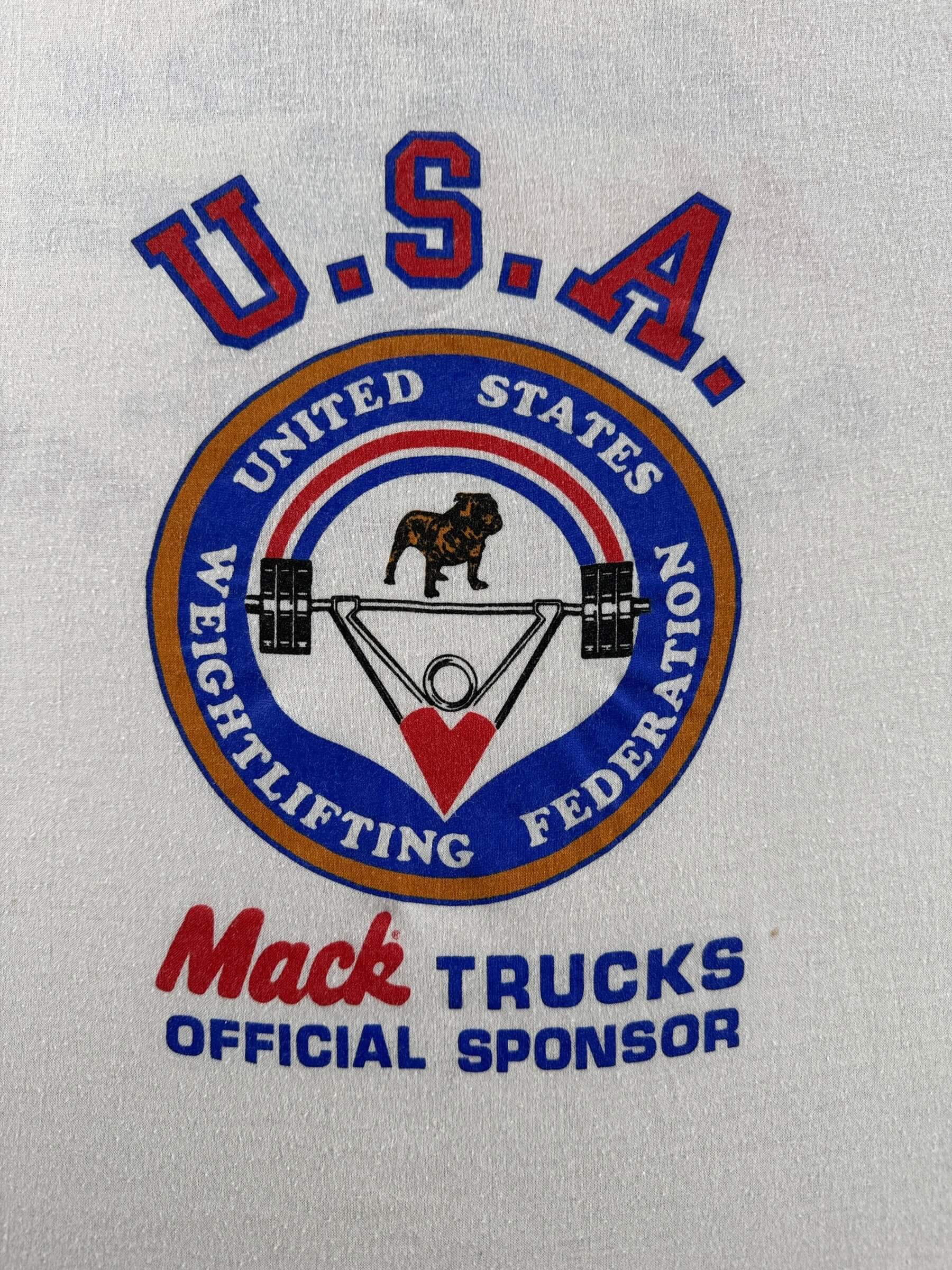 Graphic of Vintage Mack Truck Weightlifting Tee SZ XL (Fits L)