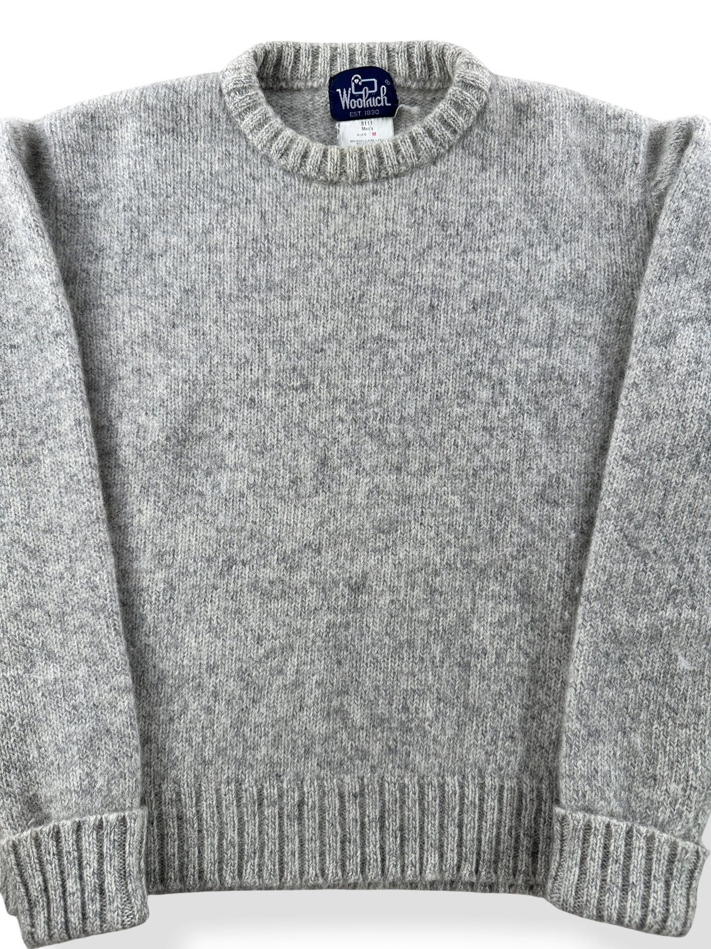 Front Close Up of Vintage Woolrich Grey Wool Blend Sweater SZ M