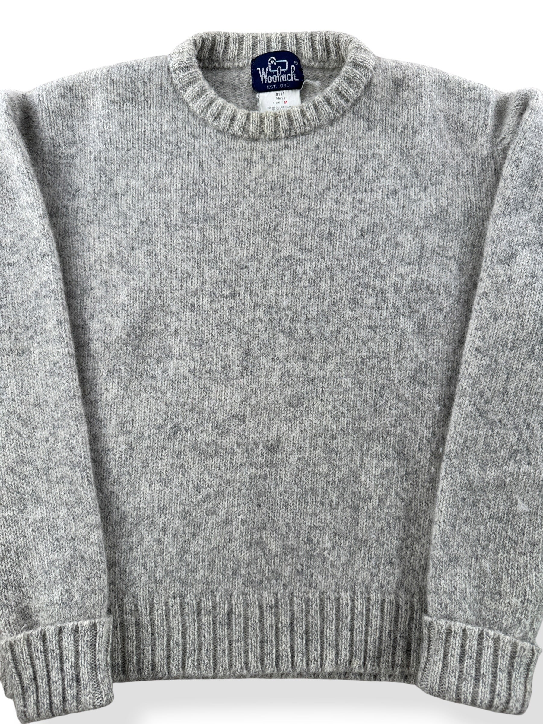 Front Close Up of Vintage Woolrich Grey Wool Blend Sweater SZ M