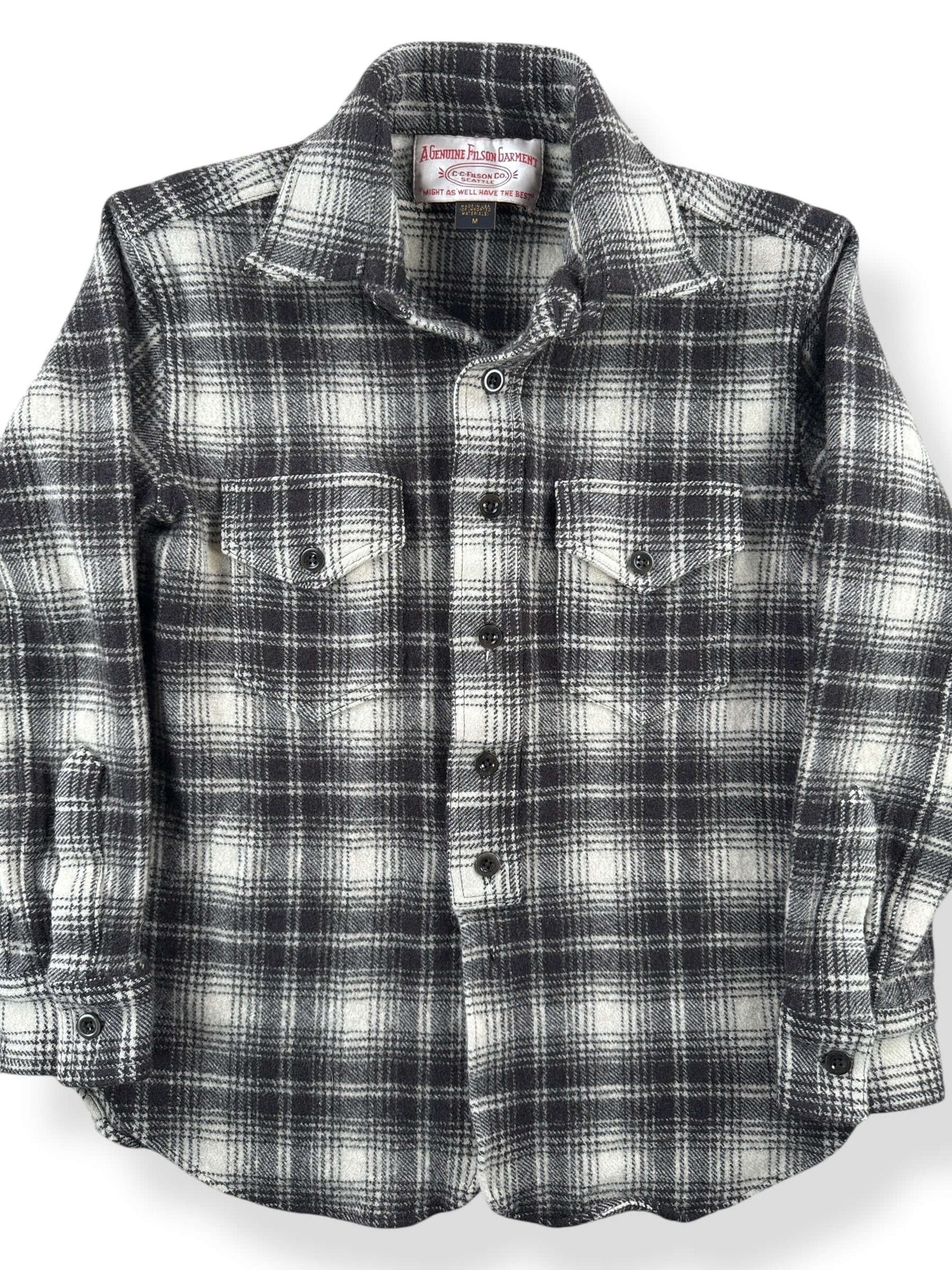 Front Close Up of Filson Cream Dark Brown Wool Blend Flannel SZ M (Fits S)