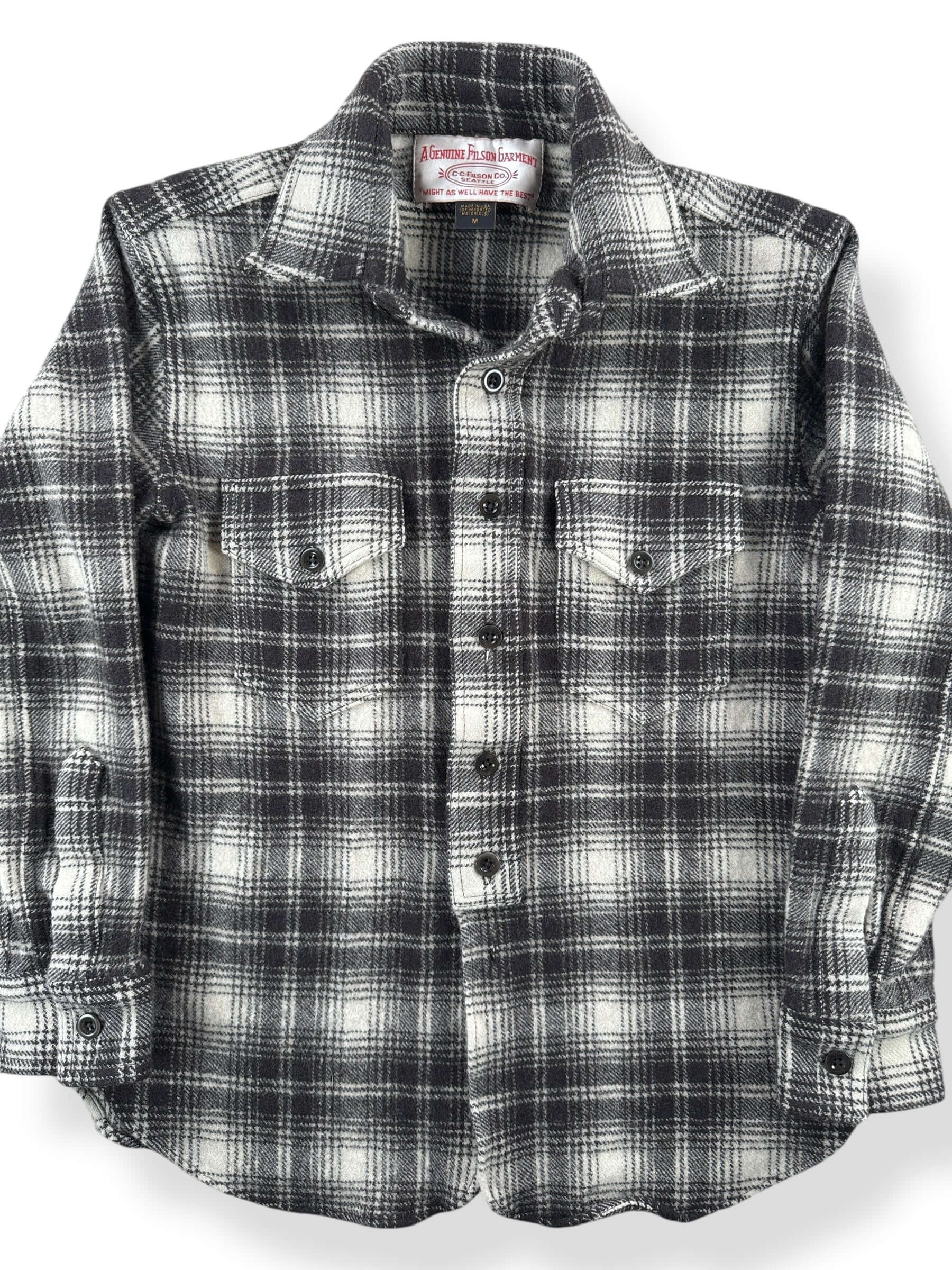 Front Close Up of Filson Cream Dark Brown Wool Blend Flannel SZ M (Fits S)