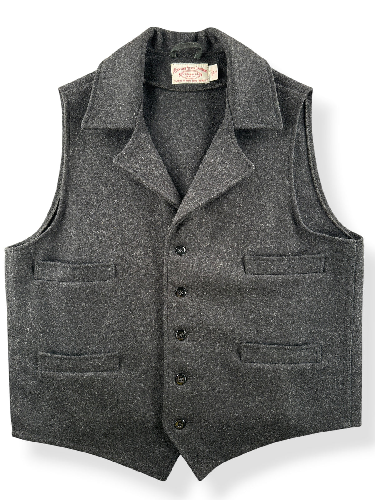 Front Close Up of Filson Charcoal Grey Mackinaw Wool Western Vest SZ XL
