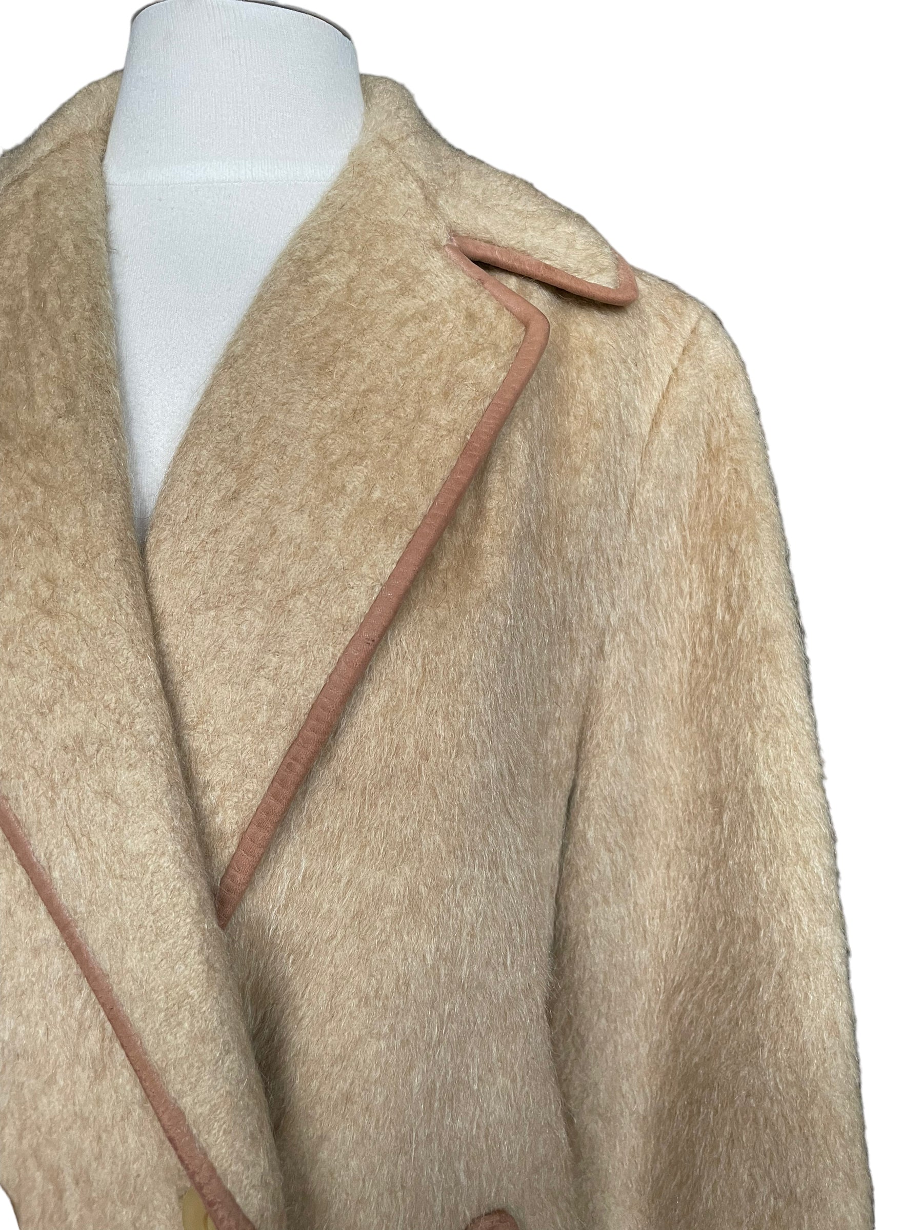 Front left shoulder view wof Vintage 1940s J.H.S Camel Wool Mohair Coat | Seattle True Vintage | Barn Owl Vintage Coats